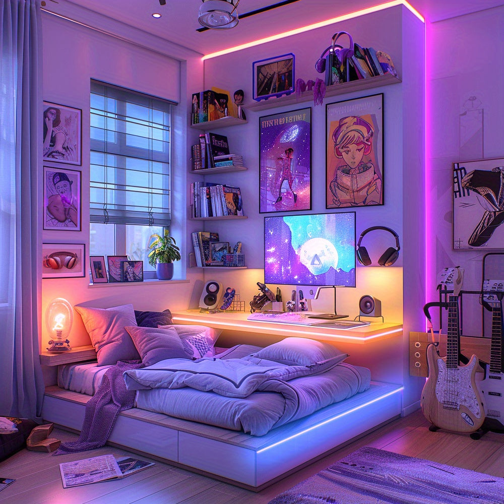 25FT/50FT/60FT/65FT/100FT RGB LED Light Strip, Wireless Music, Synchronized Color Change, Smart APP Control, Remote Control, Infrared Sensing, USB Power Supply, Bedroom Party Room Lighting, Halleween Decoration