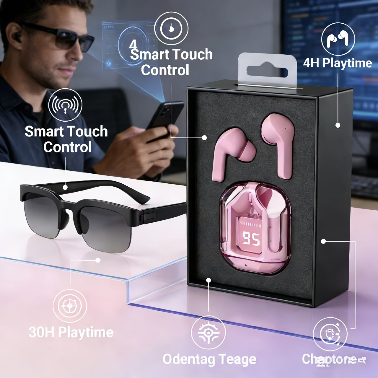 AI Translation Smart Glasses + Wireless Headphones, Support Real-time Online Translation In Multiple Languages, Popular Multi-functional Rechargeable Music Glasses, Audio Glasses With Built-in Microphone, Popular High-quality Sound Effect Sports Hea
