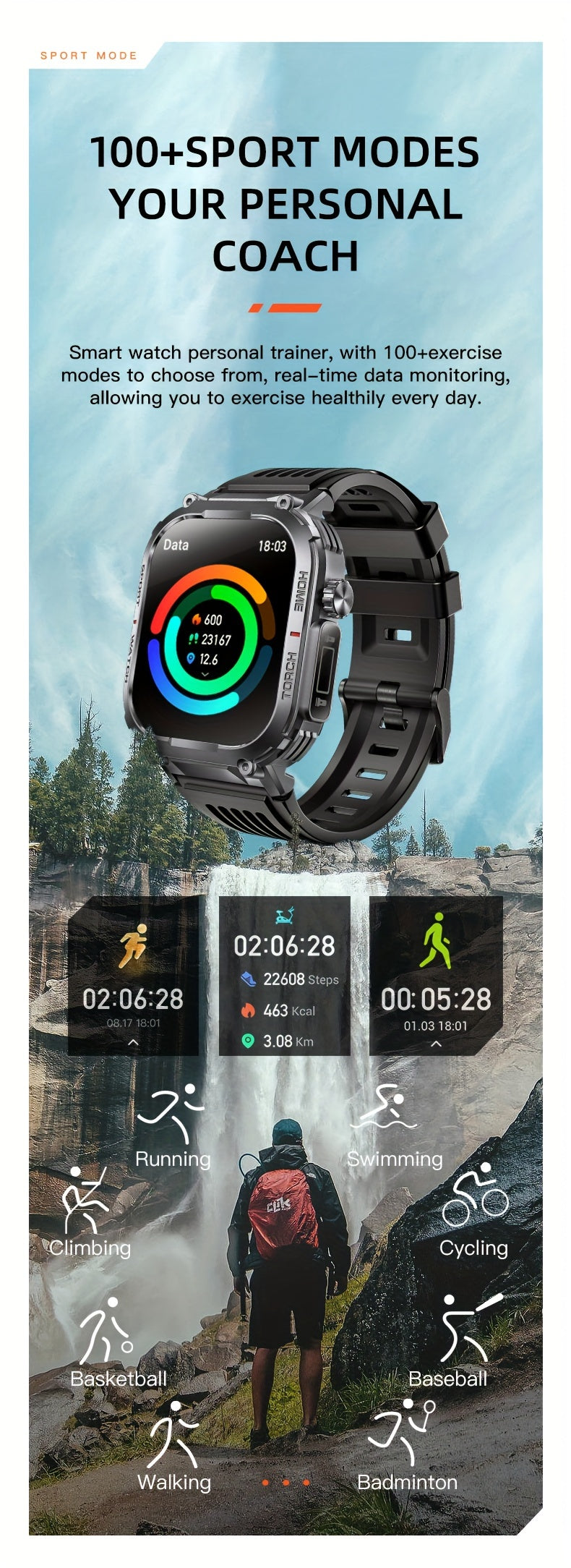 [Ideal Gift] 2.02" Smartwatch, Smart Watches for Men Women, 100+ Sport Modes, Answer/Dial Calls Watch with LED Flashlight, Waterproof, TFT Screen, Sleep Tracker, Fitness and Activity Tracker Compatible with iPhone and Android Phones - Gifts for Men/Father