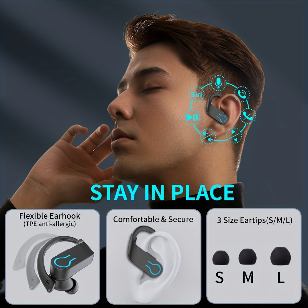 True Wireless Bluetooth Headphones with Microphone, In-Ear Wireless Earbuds, TWS In-Ear Over-Ear Headphones, Featuring ENC Noise Reduction, Touch Control for Volume, Wireless Ear Hooks, LED Charging Case Display, Semi-Open Back Cover