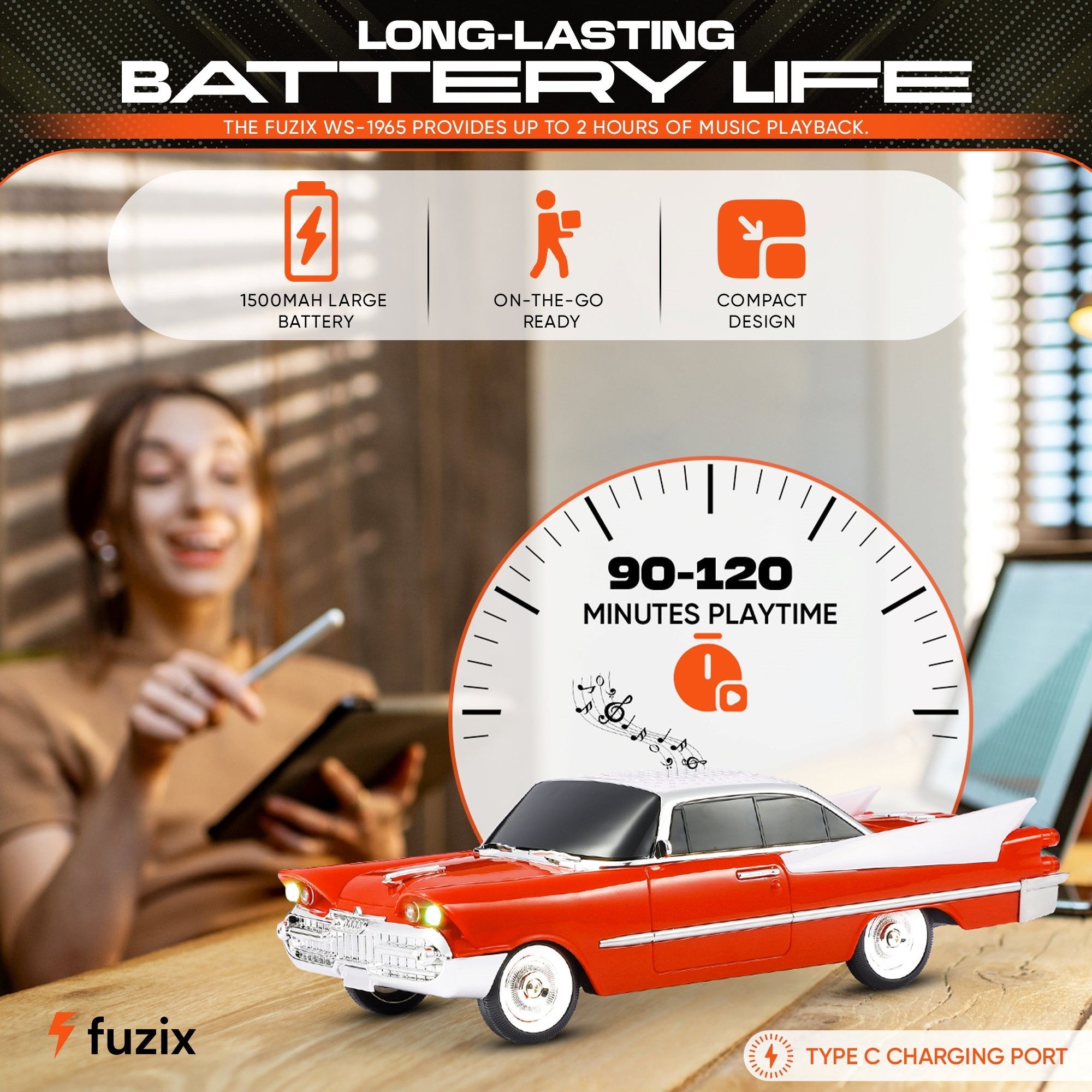 Fuzix WS-1965 Car Bluetooth Portable Speaker, Retro Car-Style Wireless Stereo Speaker with LED Headlights and Taillights, AUX/USB/TF/FM Radio Playback, Rechargeable Battery, High-Power Clear Sound, Multiple Playback Modes, Perfect Festival Gift, Ideal for