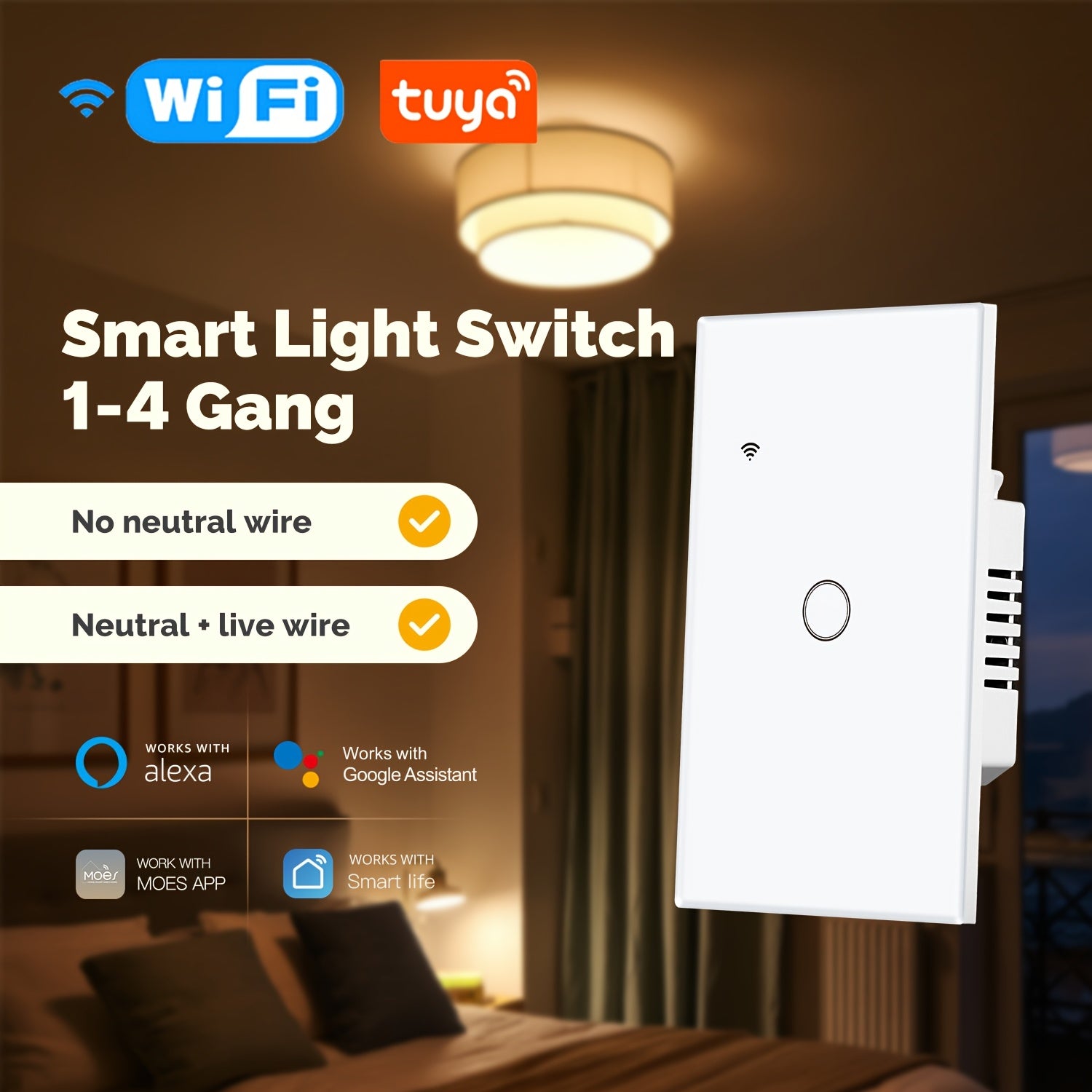 MOES Smart Switch Wifi White Touch Wall Switch No Neutral Wire Required Works with Alexa Google Home App Control Timer Function 110V Single Pole No Hub Easy Install