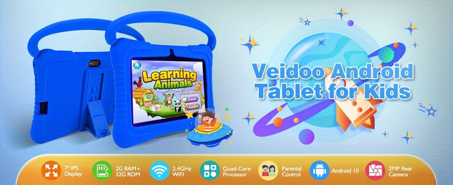 Veidoo, 7 Inch Kids Tablet, 2GB RAM 16GB ROM/2GB RAM+32GB ROM, Support 1TB ROM EXPAND, Security Eye Screen, Wifi, Dual Camera, Educational Games, Parental Control APP, Android Tablet, Tablet with Drop Proof Silicone Cover (Dark Blue), Tablet, Pad