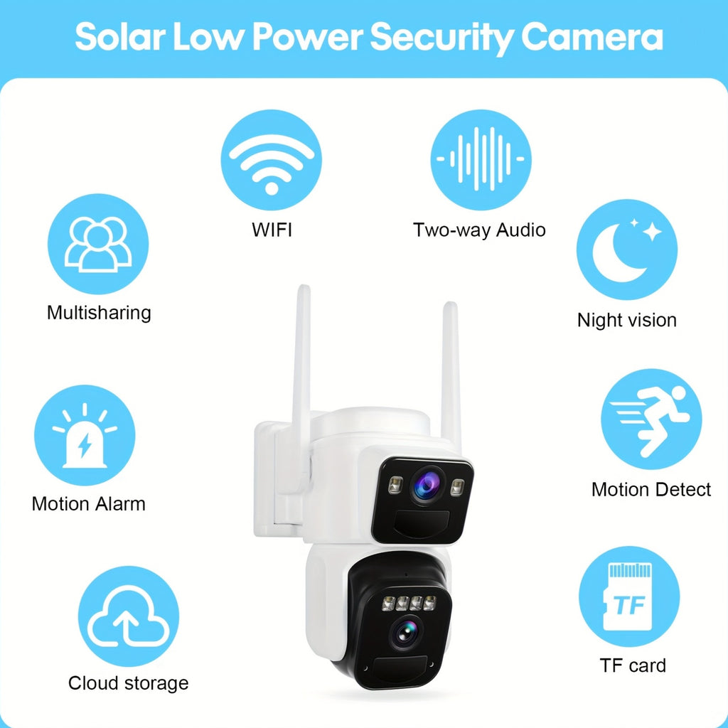 2 Lens Solar Wireless Outdoor Security Camera, WiFi Battery Powered Home Camera With Color Night Vision, PIR Sensor, Two-Way Audio, Waterproof, Spotlight Alarm, 256GB TF Card Support.solar Security Camera