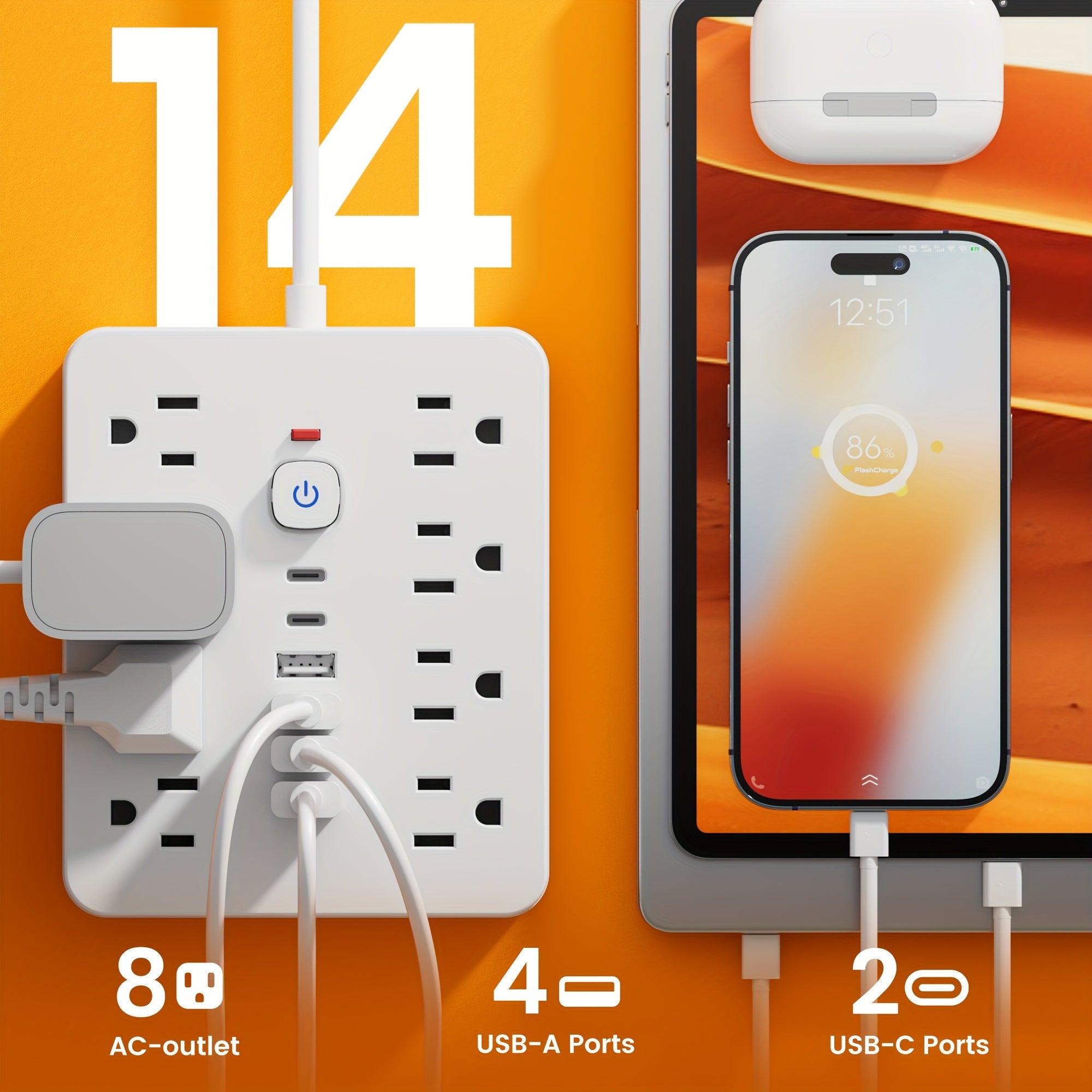 14-in-1 Power Strip with Surge Protector - 8 AC Outlets And 6 USB Ports (2 USB-C)|Flat Plug, Space-saving Design, Wall-mountable Multi-function Power Extension Cord, Overload Protection for Home, School And Office. Available In 5ft Or 10ft