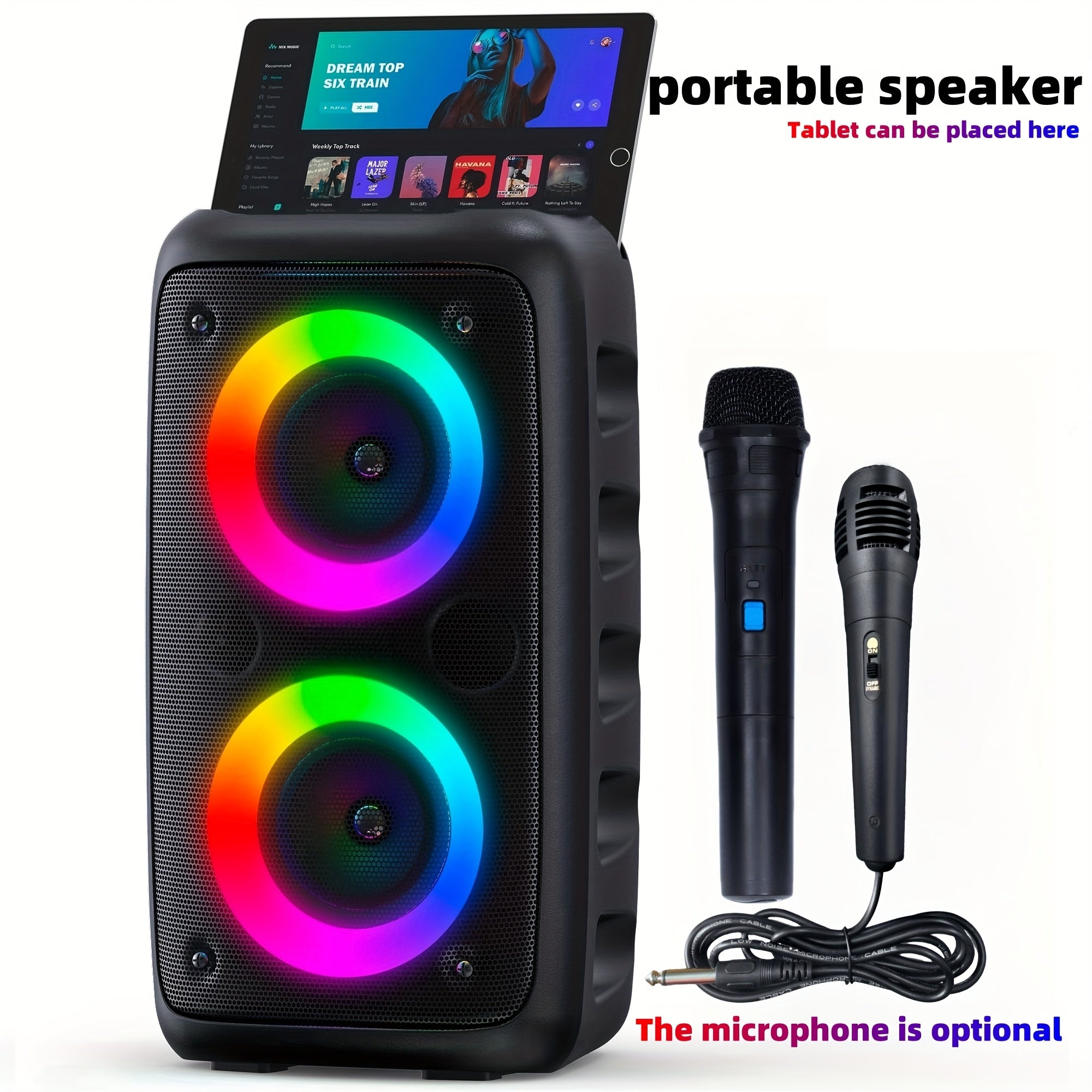 Bluetooth speaker, wireless speaker, karaoke machine with 1 wired microphone or 1 wired microphone+1 wireless microphone, adult portable speaker, PA system with LED lights singing karaoke speaker, supports TF card/USB, AUX input, TWS suitable