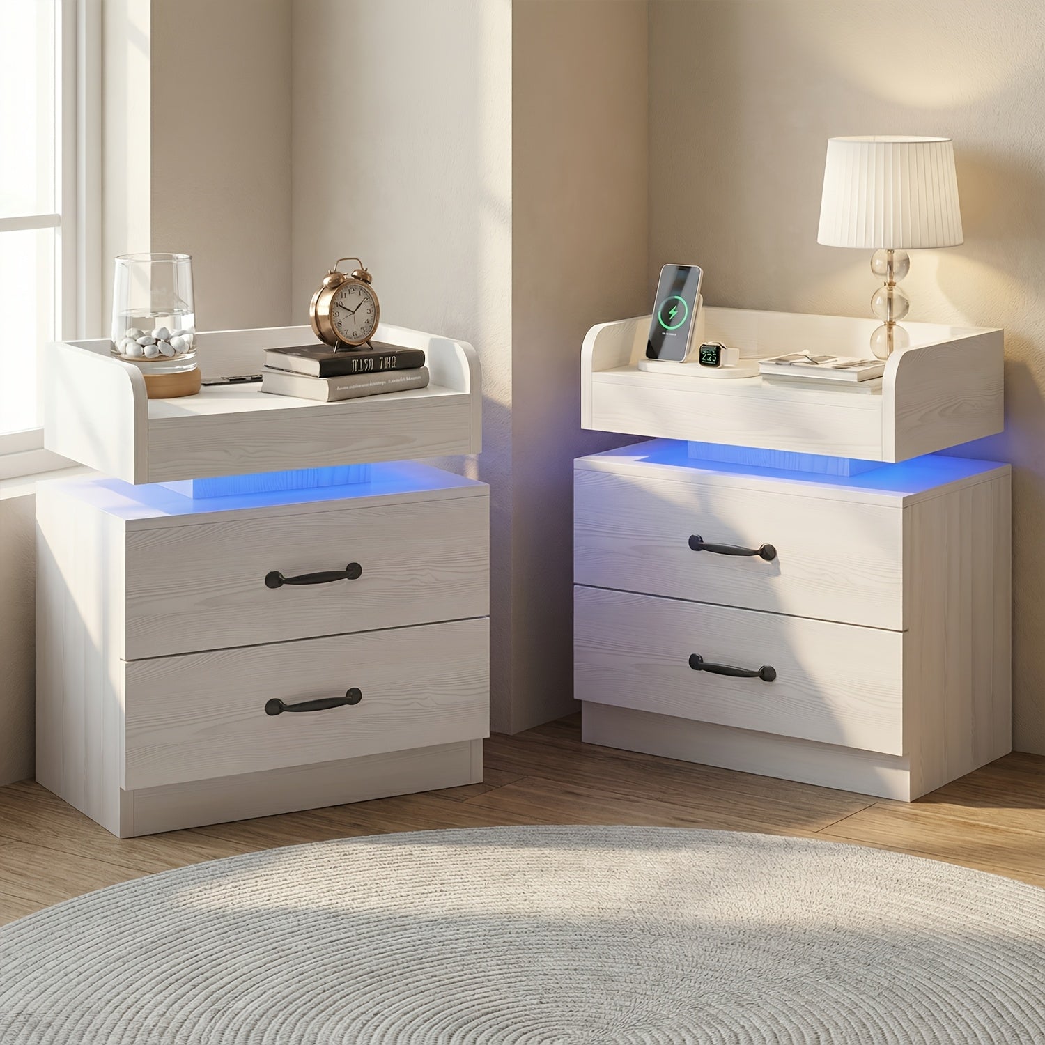 1pc/2pcs Nightstand with Charging Station, Night Stand with LED Lights, Modern LED End Table Nightstand for Bedroom, Bedside Wooden Table Drawers, Bed Side Table with Storage for Living Room, Black/White