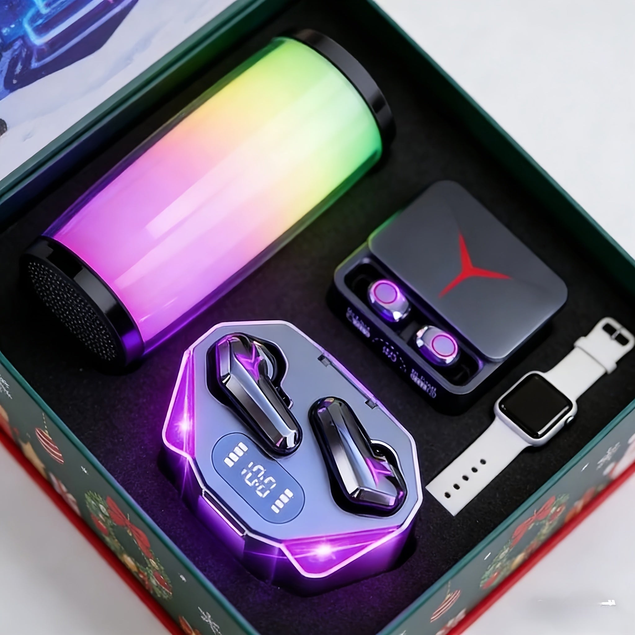 3/4pcs Set (1 Touch Control Black Gaming Headset + 1 Smart Speaker + 1 Wireless Bluetooth Earbuds with Free Fashion Watch) New High-Quality Luminous Gaming Headset (No Gift Box), Long-Lasting. Surround Sound, Immersive Experience. No Gift Box