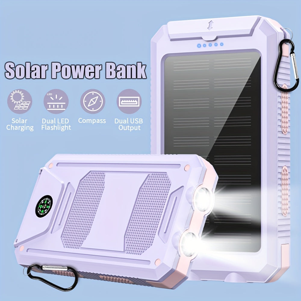 29800Mah Portable Charger Solar Power Bank, Camping External Backup Battery Pack Dual 5V USB Ports Output, for All Cell Phone for All Mobile Devices Built-In Dual Super Bright Flashlights, with Compass Outdoor Emergency Use, Portable Power Station