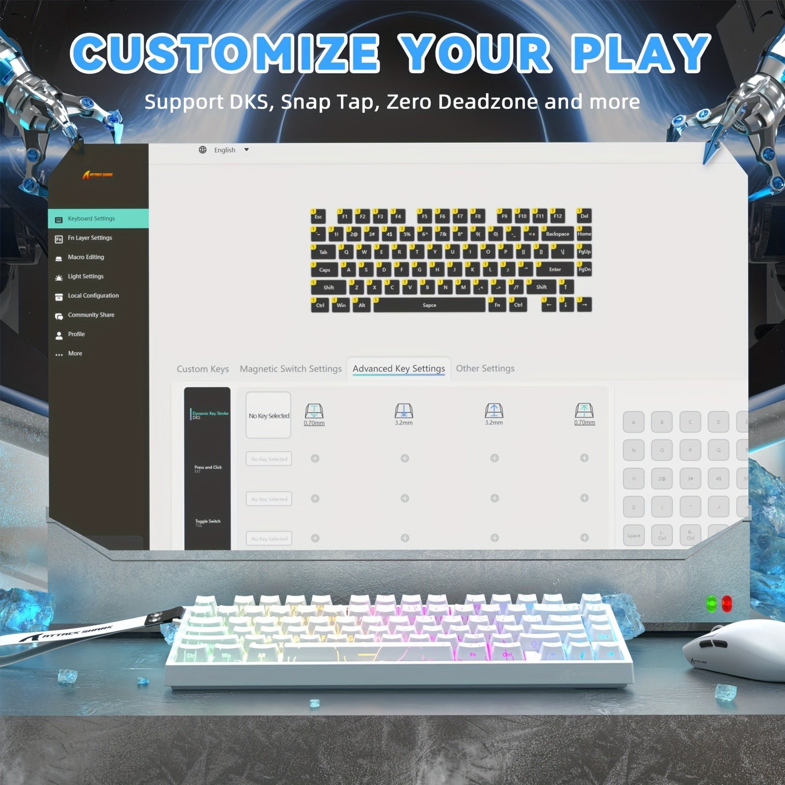Attack Shark R82HE Wired 80-Key 0. 005mm RT Precision Rapid-Fire Mechanical Gaming Keyboard, 8K Polling Rate, 256K Scan Rate, 5-Layer Sound Isolation, Hot-Swappable, PBT Keycaps, Hall Effect Magnetic Switches, Suitable for PC and Mac