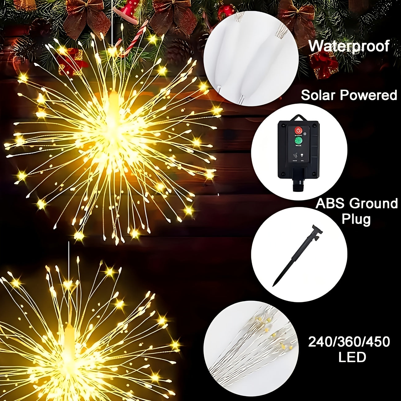 [Christmas] 4/5pcs Solar Starburst Lanterns with Remote Timer -8 Modes, Adjustable Brightness, 240/360/480 LEDS, Fairy Lights for Yard, Party Tents, Christmas - Pure Copper Wire, Outdoor Lighting | Starburst Design | Durable Outdoor Lights