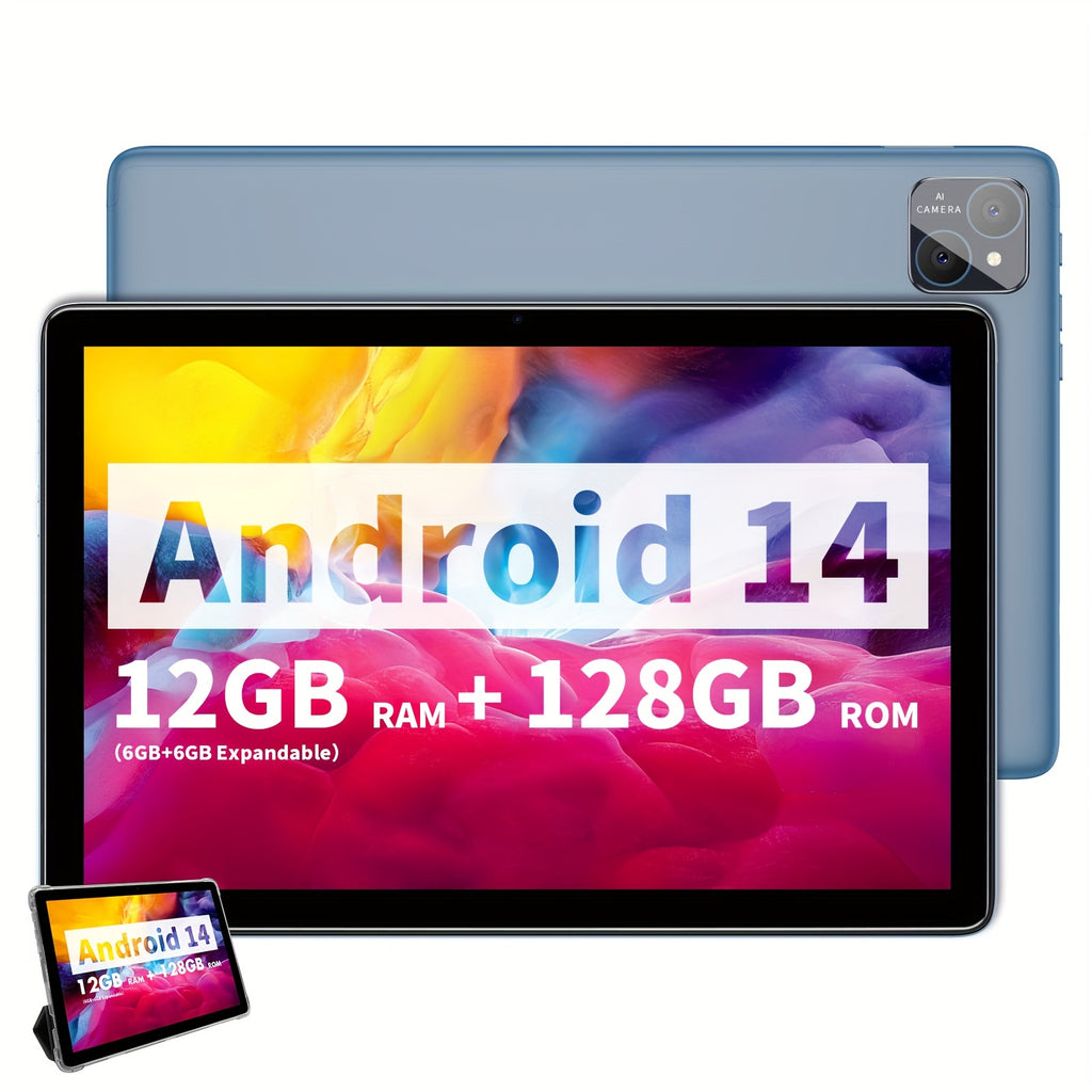 VASOUN 10.1 Inch Android 14 Tablet PC with Case, 12GB (6GB+6GB Expansion)RAM, 128GB ROM, Supports SIM Card, Support Micro SD Expansion, 8000mAh Battery, T606 Eight Core Processor, 10.1 Inch Tablet IPS HD Display, DUAL Camera, Wi-Fi, Phone Tablet PC