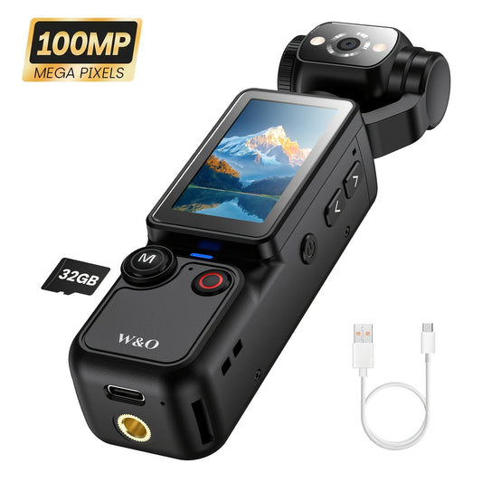 W&O 4K HD Video Recording Pocket Camera - 180° Rotating - 100W Pixel, 2000mAh Battery, 1.9 Inch Screen, Webcam, USB-C Charging, 32G Memory Card, Mini Audio-Visual Compact Camera, Outdoors Sports Camera, Suitable for Outdoor Sports, Cycling
