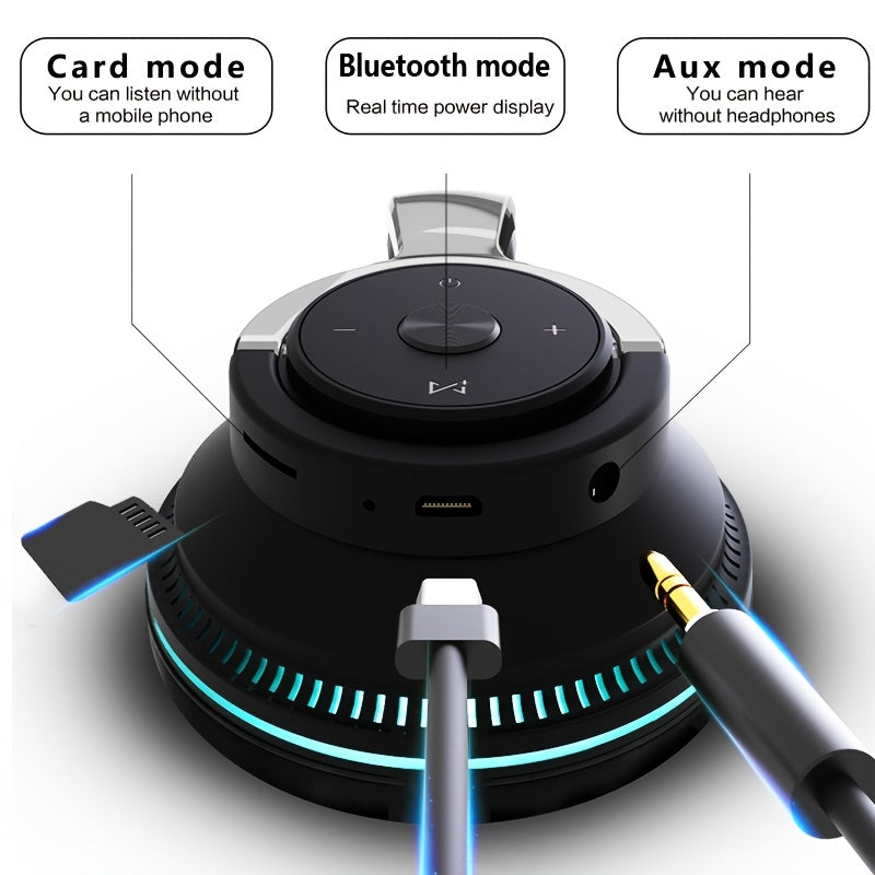 Wireless BT Over-Ear Headphones-Portable Headsets with 24 Hours Playtime, Built-in Mic for Clear Calls, FM Radio, Soft Earpads, LED Light, TF Card Support, And 3.5mm AUX Wired Connection-Foldable Design for Travel, Home, Office, And Mobile Devices.