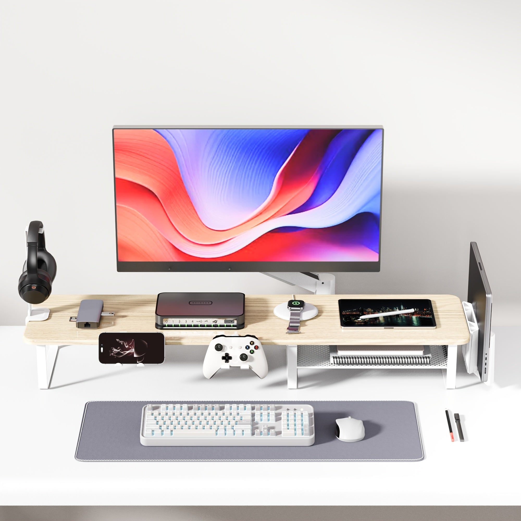 [Monitor Stand Organizer] A Versatile Monitor Stand That Includes a Headset Holder, a Stand for Phones And Tablets, And a Game Controller Holder, Designed to Organize Your Desktop for Computer Monitors, Laptops, Gaming, And Office Use