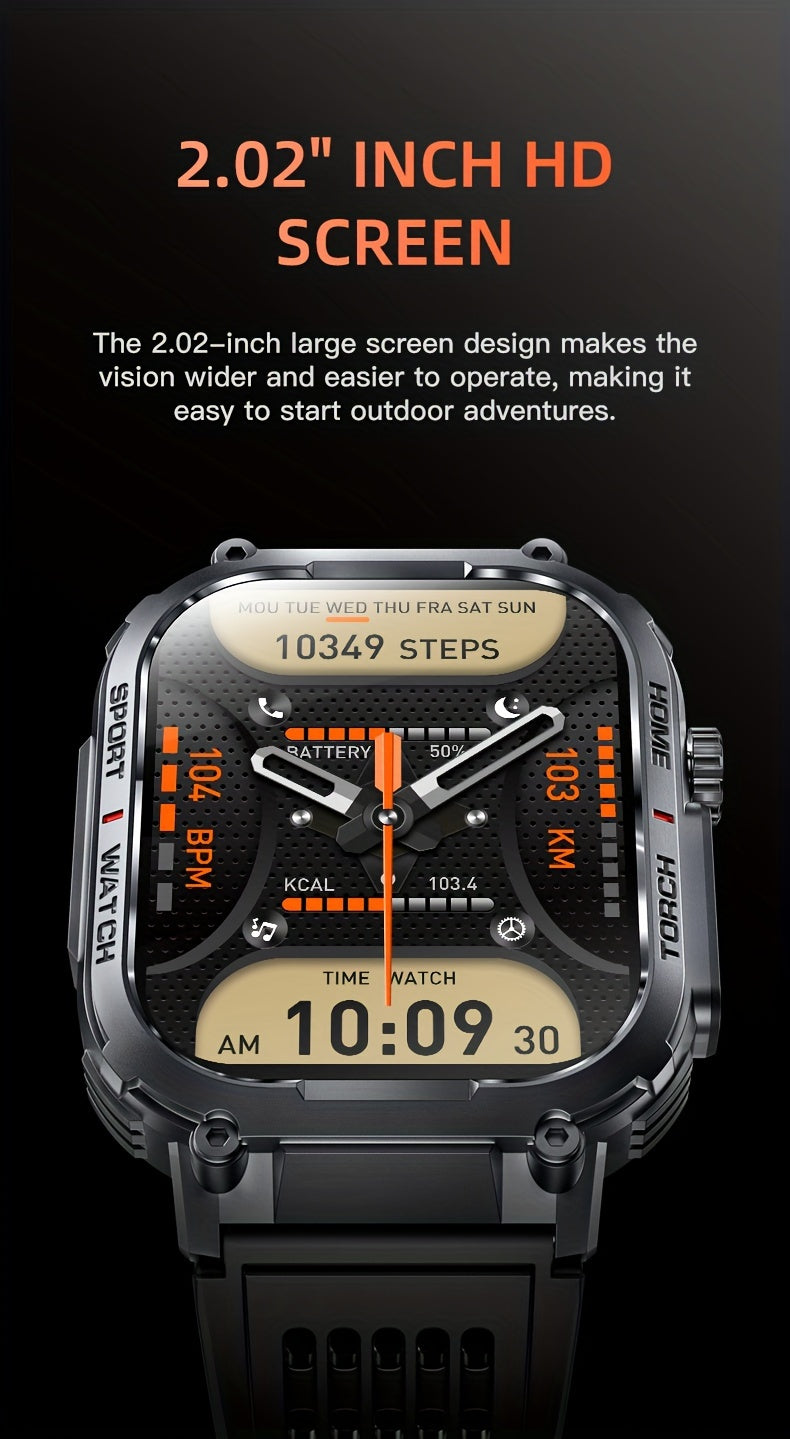 Smartwatch with 2.02" TFT Screen (Answer/Make Calls), Smart Watches for Men, Fitness Watch with Water-Proofing, LED Flashlight, Sleep Monitor, Pedometer, Activity Trackers for Ios/Android - Gifts for Fathers, Boyfriends, Husband