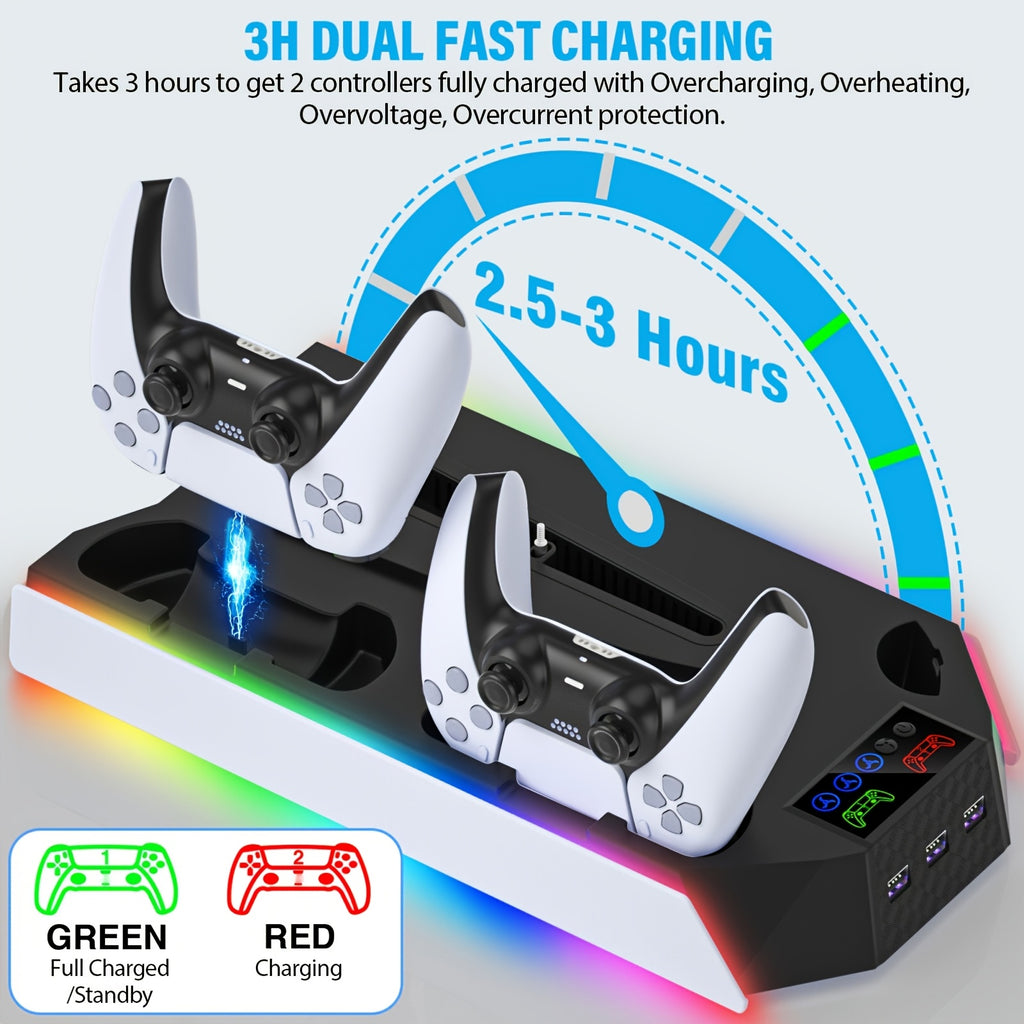 for PS5/Slim/Pro Stand Disc & Digital Console, RGB Cooling & Charging Station with 3-Level Fan, Controller Charger for PS5 Controller, Accessories with 3 USB Ports/Cooling Fan/Headset Holder
