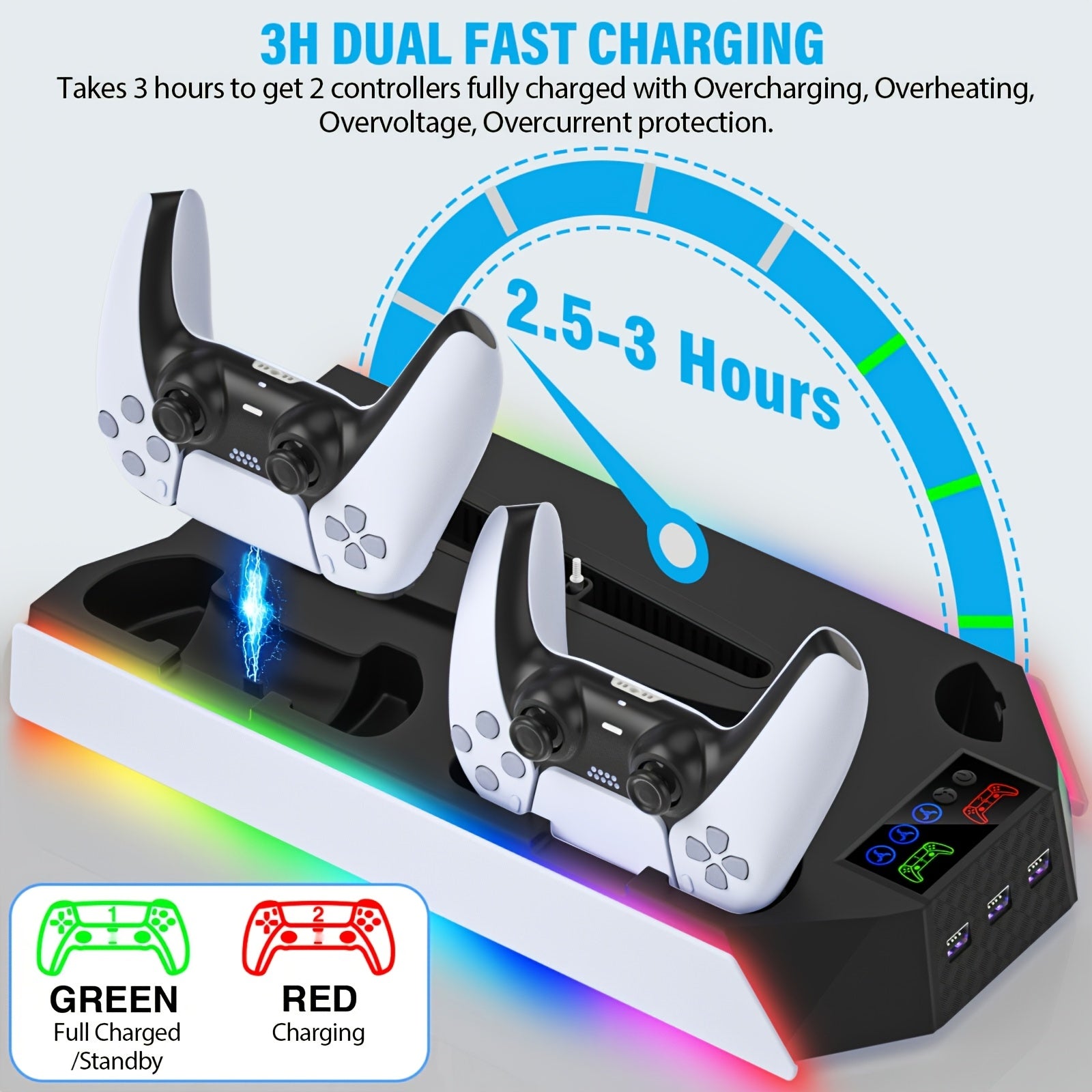 for PS5/Slim/Pro Stand Disc & Digital Console, RGB Cooling & Charging Station with 3-Level Fan, Controller Charger for PS5 Controller, Accessories with 3 USB Ports/Cooling Fan/Headset Holder