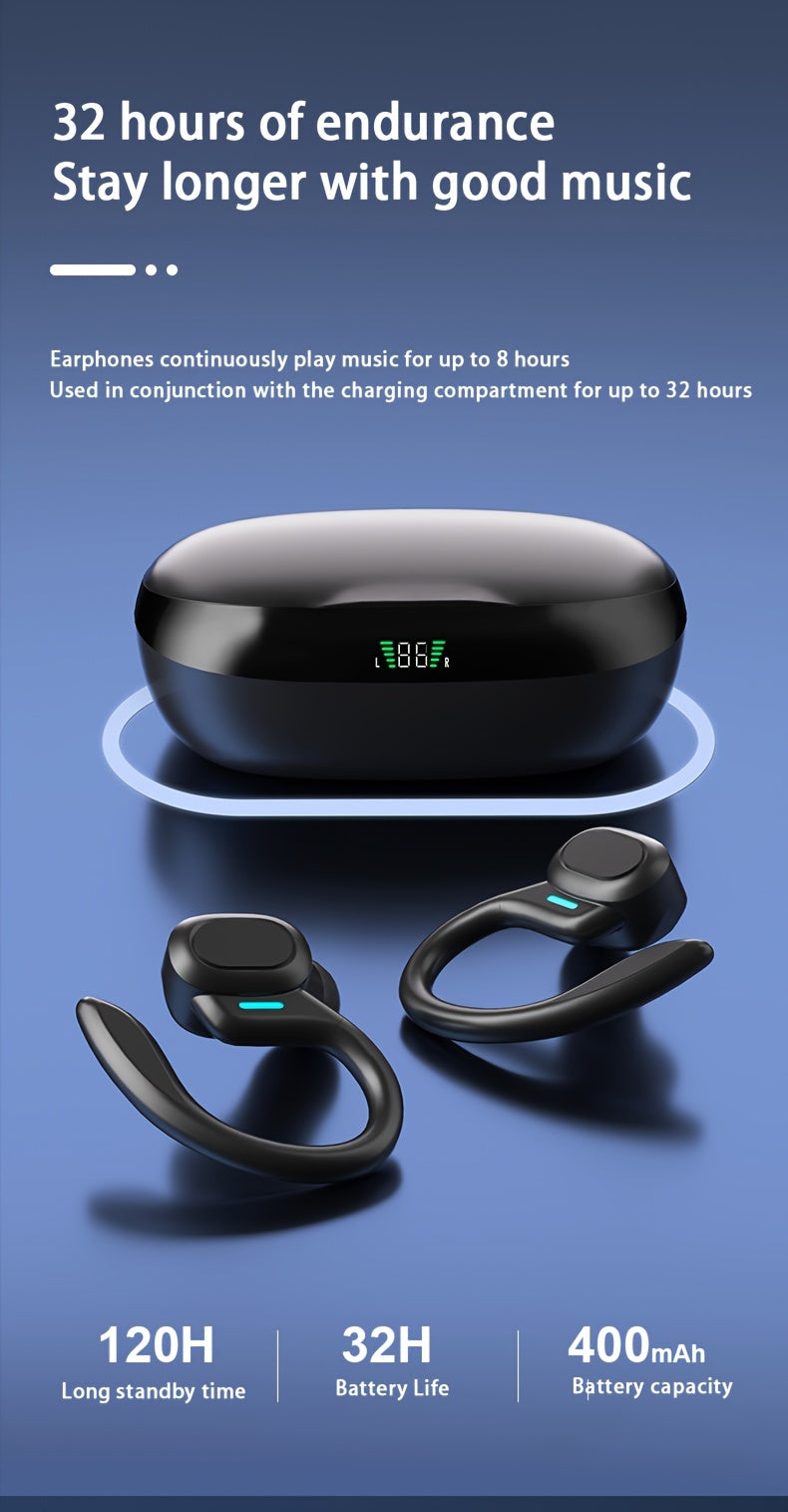 Open-Ear Wireless Earbuds 5.4, Wireless Sports Earphones with Built-In Microphone, Featuring Ear Hooks, 24 Hours of Playback Time, LED Display Charging Case, Suitable for Running And Fitness, in Black