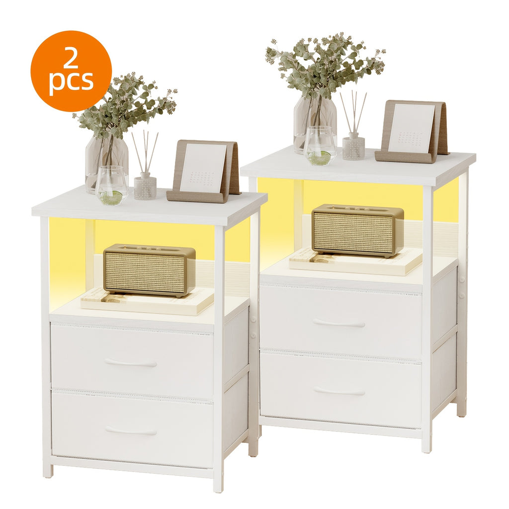 [LED Nightstand Set] WHONLINE 1/2pcs Night Stand With Charging Station, LED Nightstand Set Of 1/2, Smart Night Stand With U-S-B Ports And Outlets, 2 Fabric Storage Drawers With PU Finish, Bed Side Table For School And Dormitory Storage, White Or Black