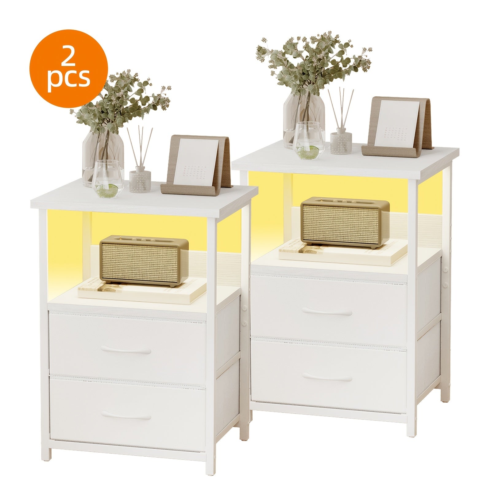 [LED Nightstand Set] WHONLINE 1/2pcs Night Stand With Charging Station, LED Nightstand Set Of 1/2, Smart Night Stand With U-S-B Ports And Outlets, 2 Fabric Storage Drawers With PU Finish, Bed Side Table For School And Dormitory Storage, White Or Black