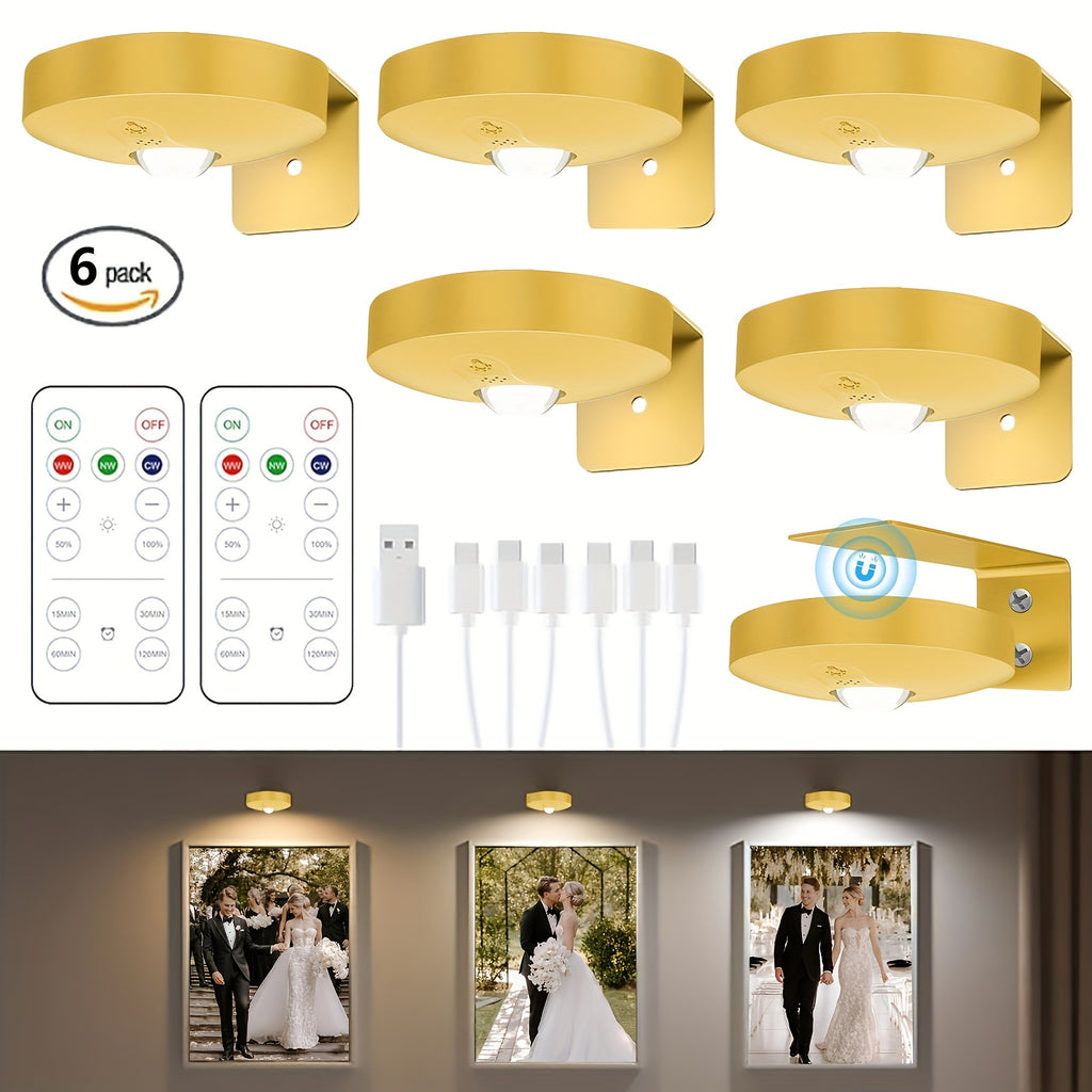 6-Pack / 3-Pack Rechargeable Picture Lights for Wall, Battery Operated Magnetic LED Art Display Lights with Remote Control, 3 Color Temperature, Dimmable and Timer Function, Golden, Perfect for Picture Frames, Hallway, Living Room, Bedroom, Gallery