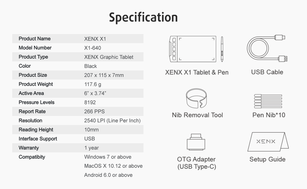 1pc XENX Drawing Tablet, ABS Material, 8192 Pressure Levels, 5080 LPI Pen Resolution, 266 PPS Reporting Rate, 2 Programmable Buttons, No Battery, Compatible with Mobile & Computer, Portable Design for Digital Art, Animation, Industrial Design