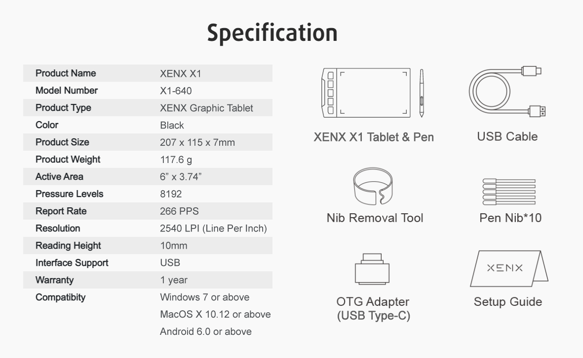 1pc XENX Drawing Tablet, ABS Material, 8192 Pressure Levels, 5080 LPI Pen Resolution, 266 PPS Reporting Rate, 2 Programmable Buttons, No Battery, Compatible with Mobile & Computer, Portable Design for Digital Art, Animation, Industrial Design