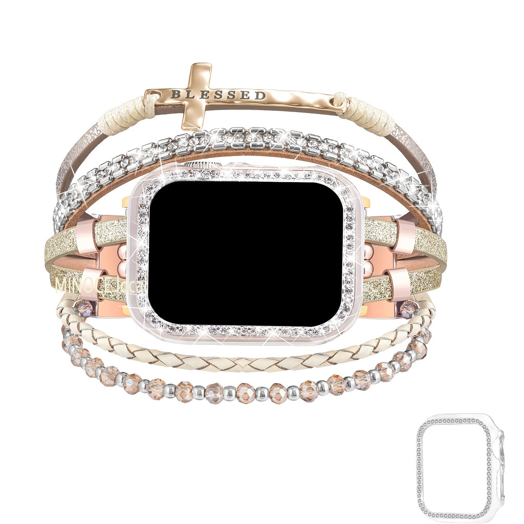 2-in-1 Boho Bracelet & Case Compatible with Apple Watch Band 40mm 44mm 45mm 41mm 38mm 42mm Women, Handmade Multilayer Wrap Strap with Glitter Bumper & Link Adjustment Manual for iWatch Series 9 8 7 6 5 4 3 2 1 SE