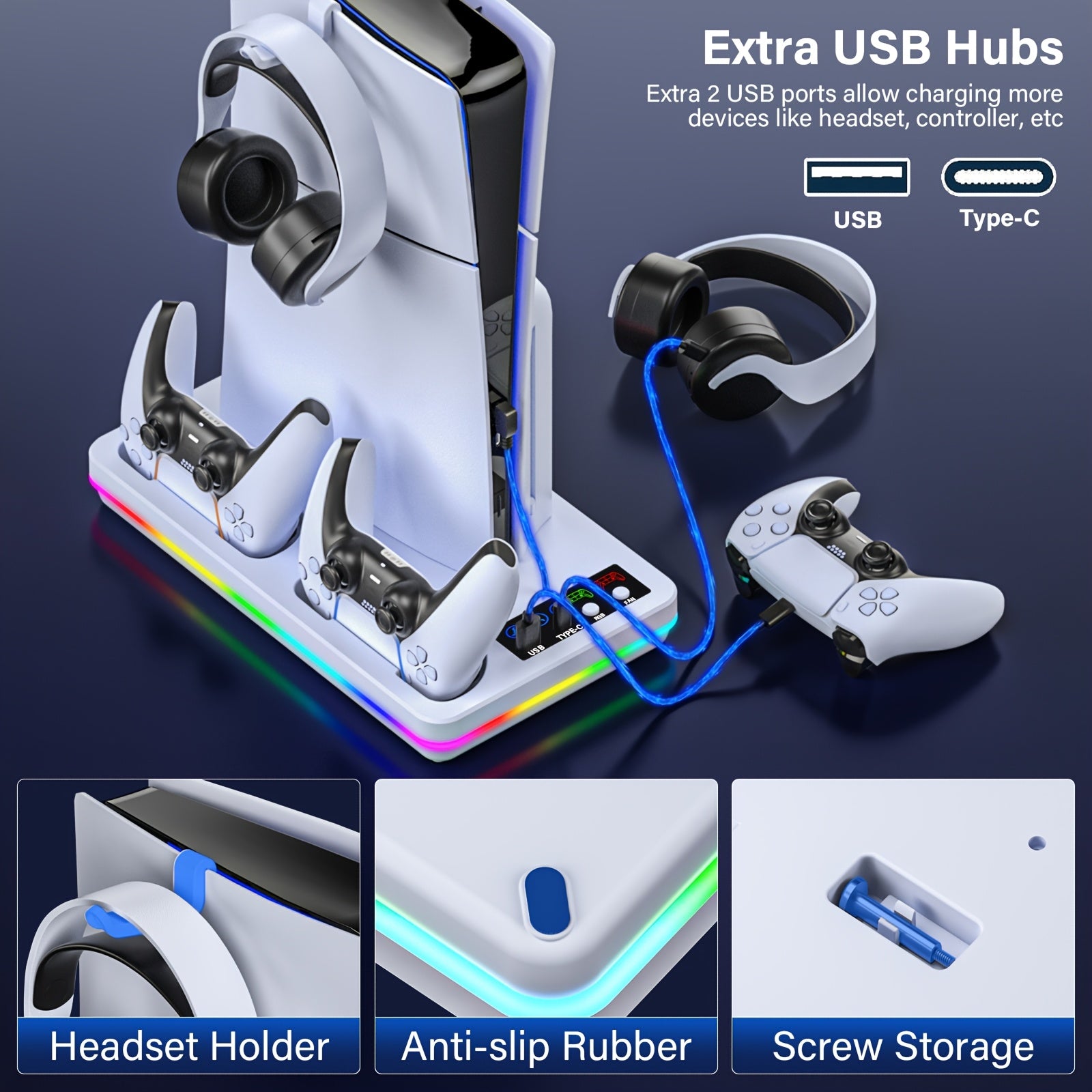 for PS5 Cooling Stand Cooling Station for PS5/Slim/for PS5 Pro Standard & Digital Edition Console, Dual Controller Charging Dock with 3-Speed Adjustable Cooling Fan, 10 RGB Light & USB Hub, for PlayStation5 Console Gaming Accessories