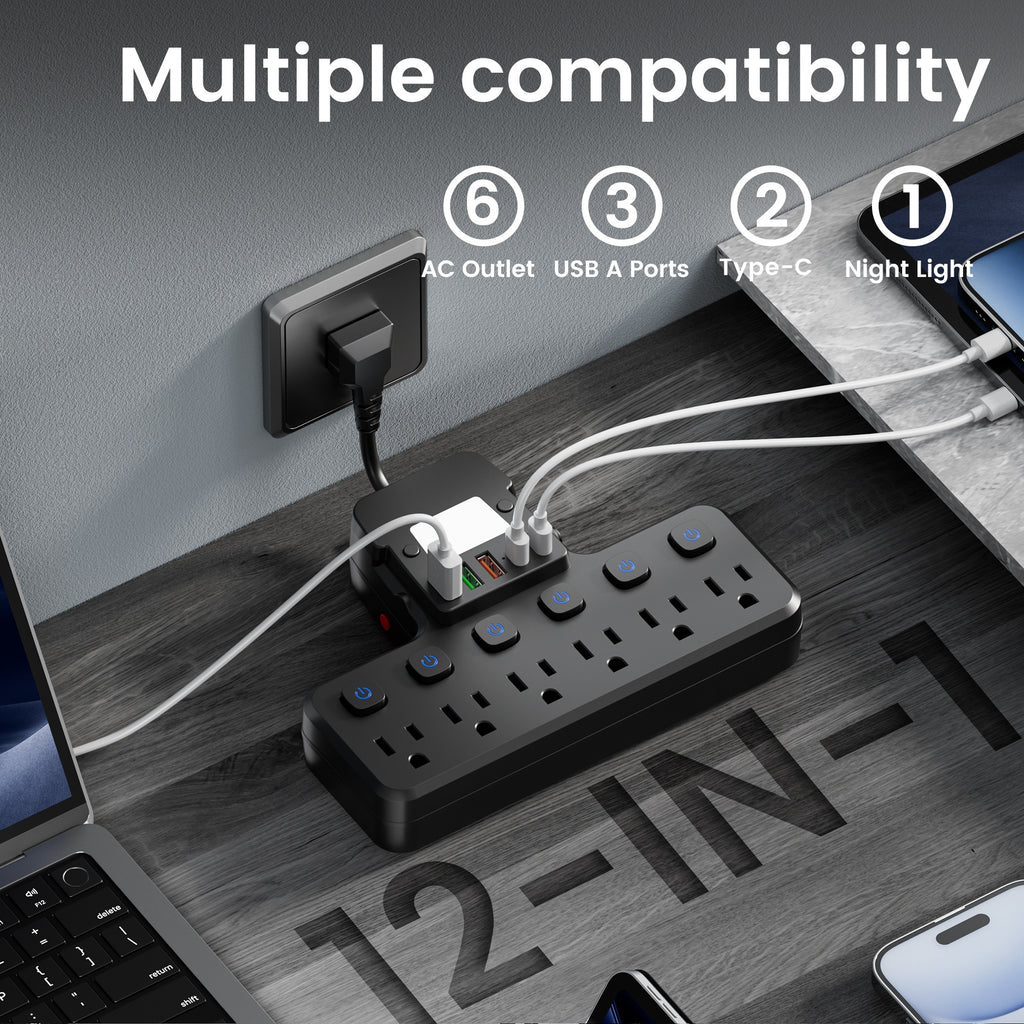 Multi-Functional Socket, USB Wall Charger, Surge Protector, 6-Outlet Power Strip with 5 USB Charging Ports (2 USB-C) And Night Light, Adapter for Home, Travel And Office Use