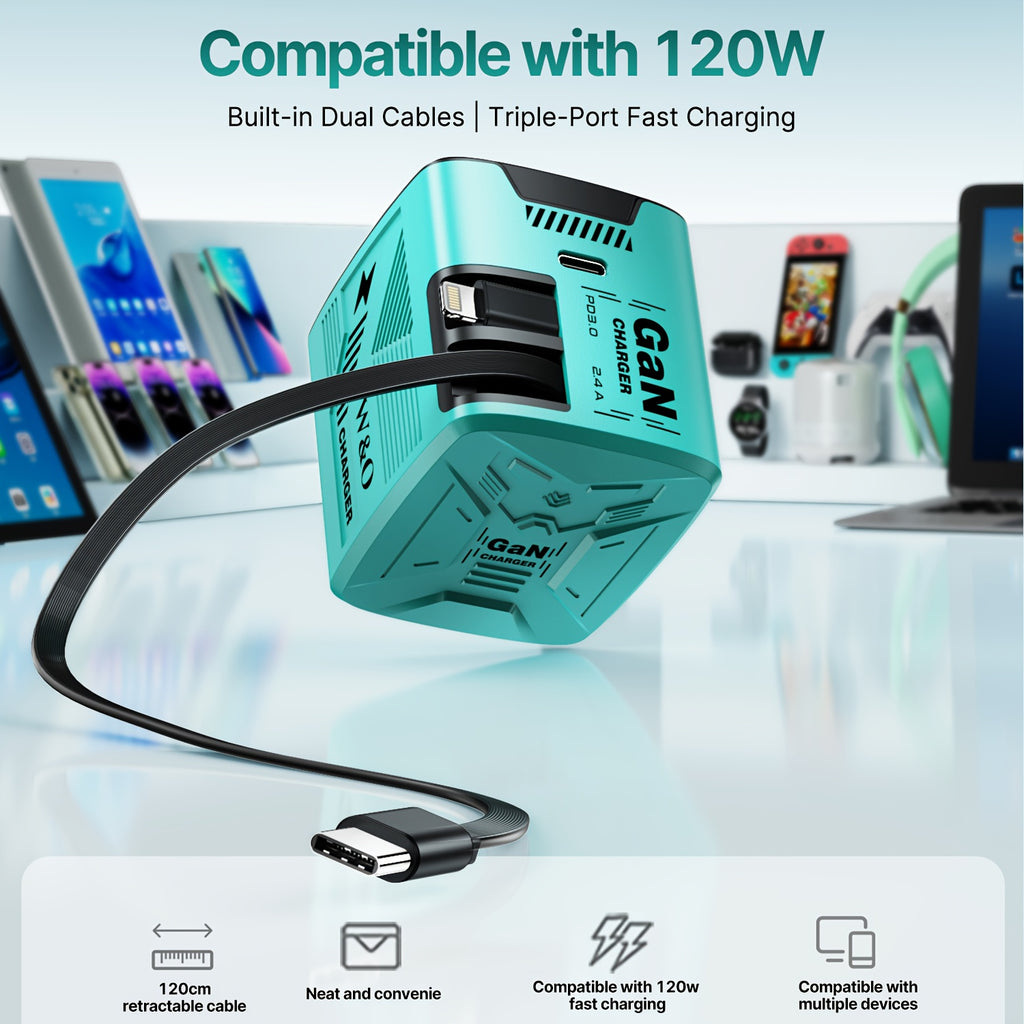 [Christmas Gift] Portable 66W/120W Gan Fast Charger With Retractable Cable And Foldable Plug, With Portable Retractable Charging Plug, Travel Adapter For Iphone 17/16/Pro/Pro Max/15/14, For Galaxy/Ultra Series - Green/Yellow/Black - Christmas Gift