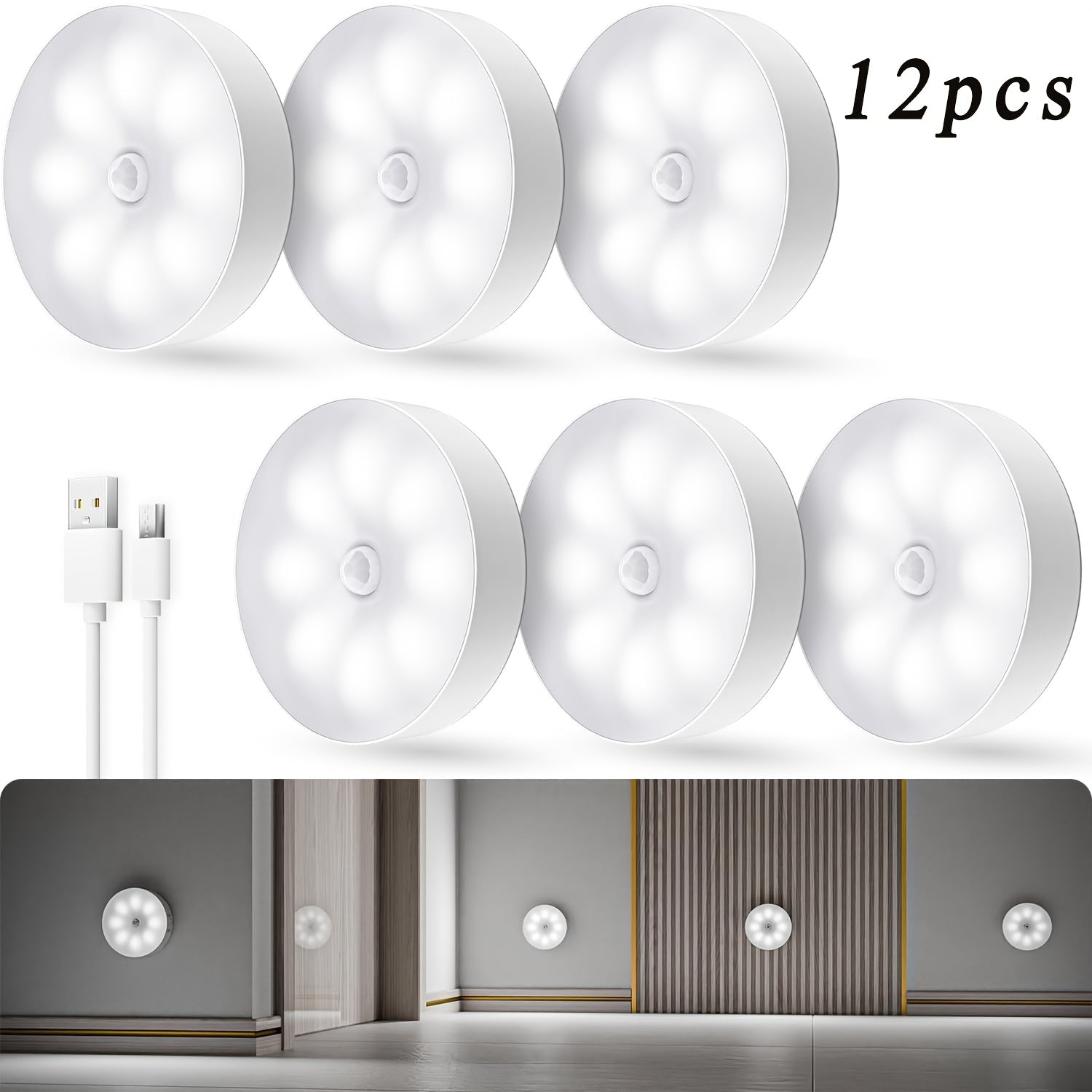 [USB Rechargeable] 12/6pcs Bright White LED Motion Sensor Night Lights, USB Rechargeable Wireless Wall Lamp, Dual Mode (Motion & Steady Light), Adjustable Brightness, Magnetic Adhesive Under Cabinet Lighting For Kitchen, Hallway, Stairs