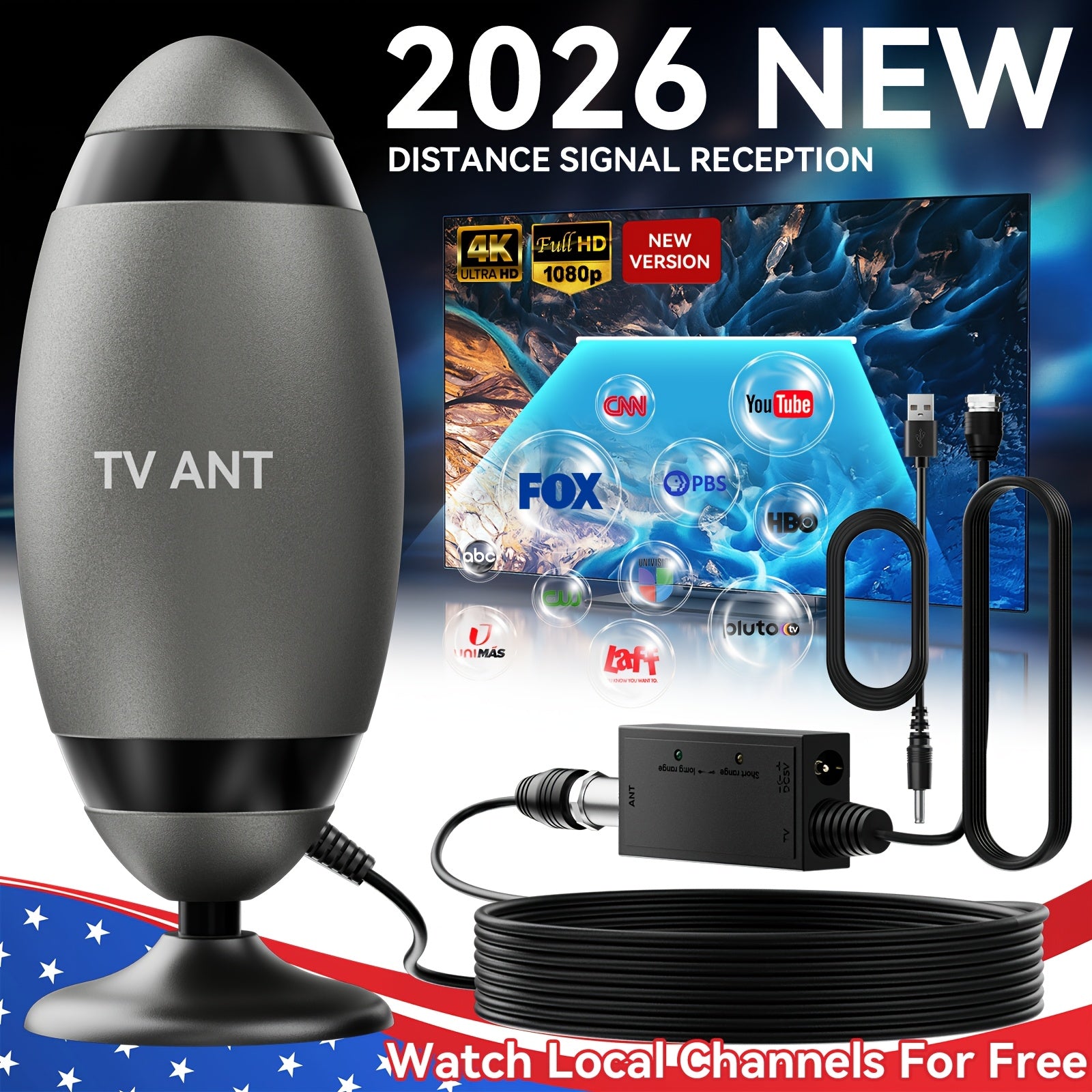 2026 Metal Long Range HD 4K TV Antenna 200KM TV Signal Reception One Touch Long Distance Mode USB Interface Complete Accessories Included Watch TV For Free Works With Smart TVs Old Style TVs And Indoor Setups Ideal For Home Car And RV Use Receives C