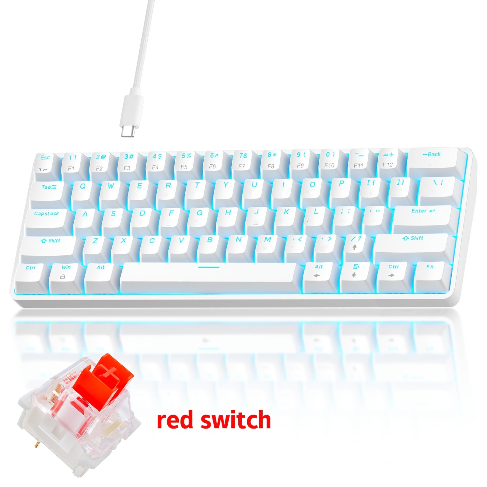 Hot Swappable Blue Switch Red Shaft 61-Key Mechanical Wired 60% Mechanical Gaming Keyboard, RGB Backlight Keyboard, Portable Mini Keyboard, Suitable for Windows Laptop, Cyan Axis