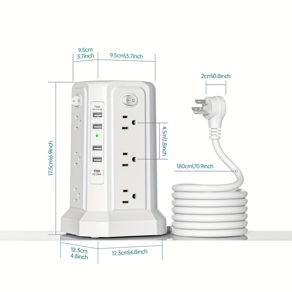 Angled Flat Plug 12 AC Outlets Power Strip Tower with USB C Port(PD18W/PD20W), Surge Protector Power Tower with 5 USB Ports, Extension Cord Desktop Power Strip for Home Office DormRoom