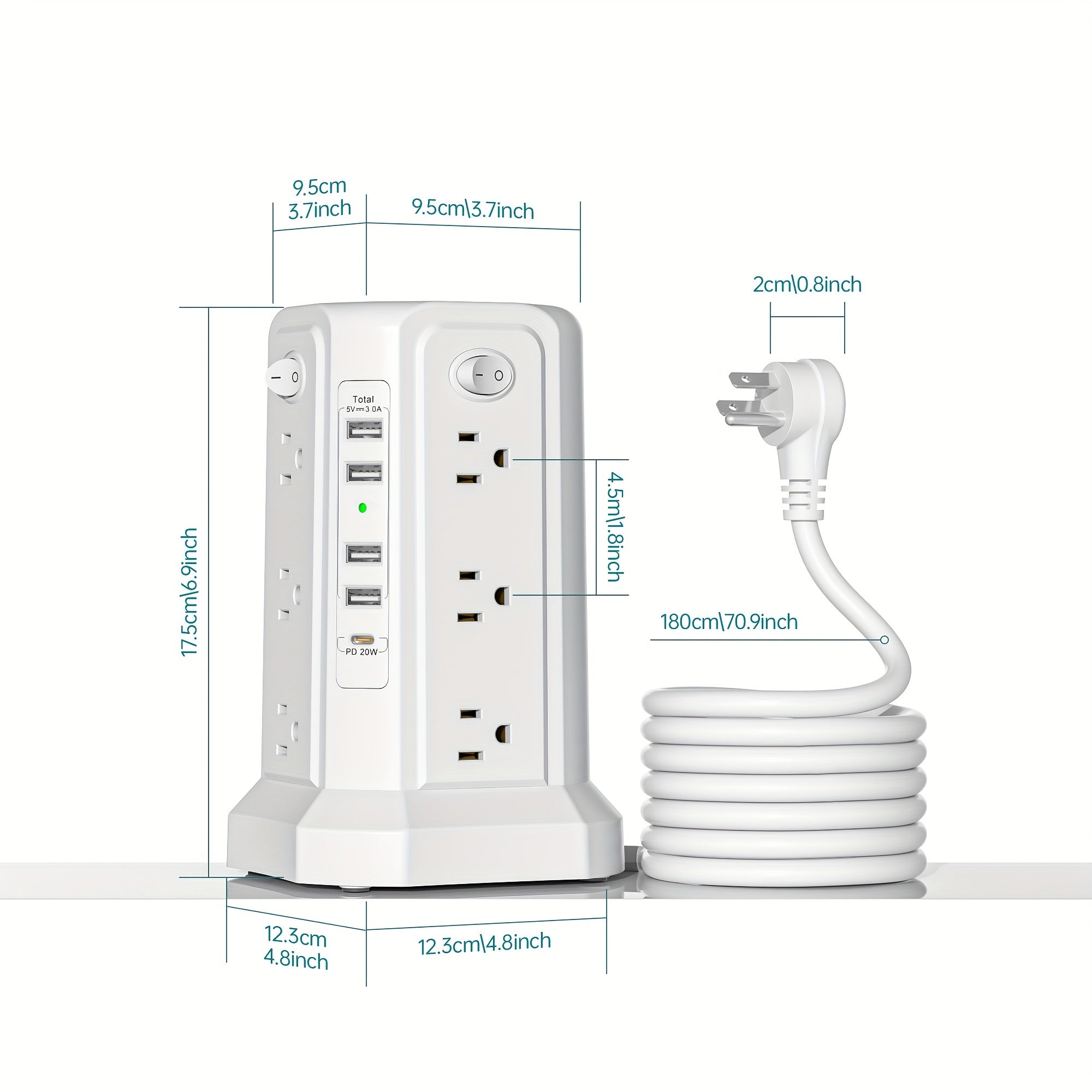 Angled Flat Plug 12 AC Outlets Power Strip Tower with USB C Port(PD18W/PD20W), Surge Protector Power Tower with 5 USB Ports, Extension Cord Desktop Power Strip for Home Office DormRoom