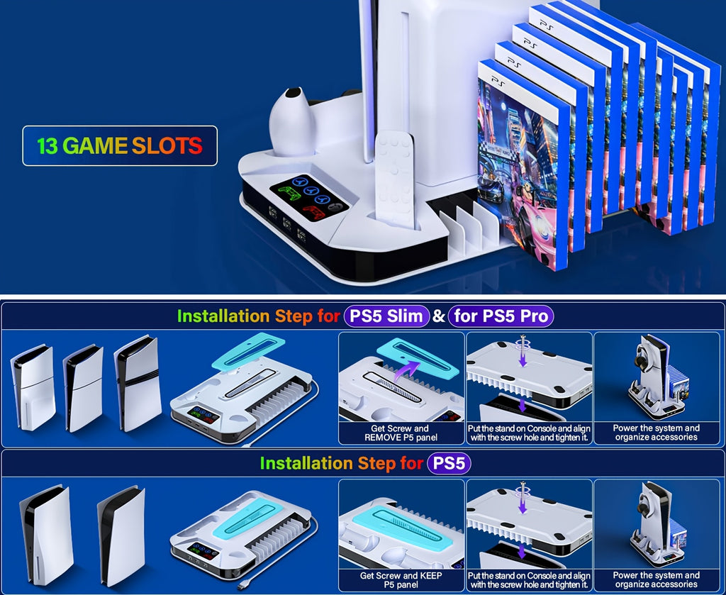 for PS5/Slim/Pro Cooling Station with Controller Charging Station for Playstation 5 Slim&Standard Disc/Digital Console, for PS5 Slim Stand Cooler Accessories Incl Cooling Fan/3 USB Hubs/Headset Holder/Screw - Christmas Gifts