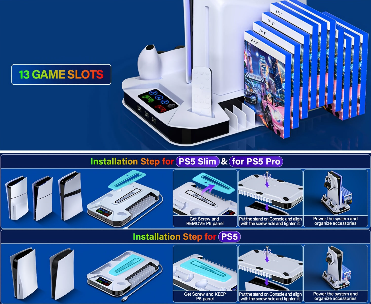 for PS5/Slim/Pro Cooling Station with Controller Charging Station for Playstation 5 Slim&Standard Disc/Digital Console, for PS5 Slim Stand Cooler Accessories Incl Cooling Fan/3 USB Hubs/Headset Holder/Screw - Christmas Gifts