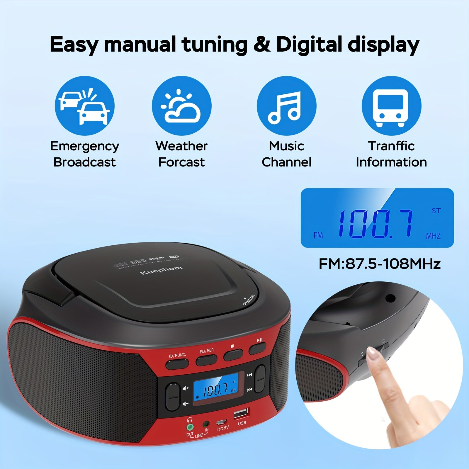 [Portable CD Boombox] Portable CD Player Boombox With BT, FM Radio With CD Player Combo, CD Boombox With AUX/USB Playback And Earphone Jack. CD Players For Home With Stereo Speakers, Battery Or AC Powered
