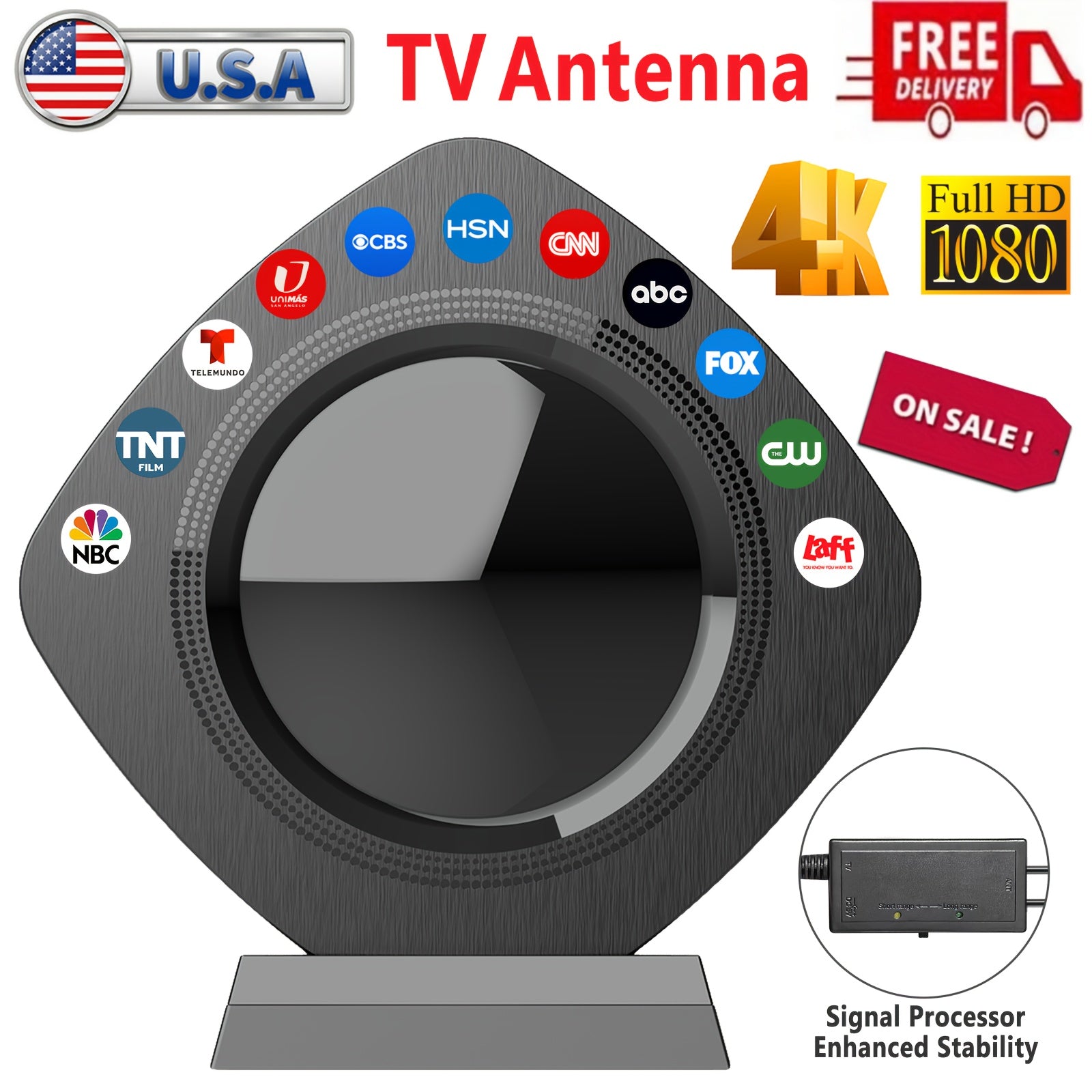 Ultra High Definition Digital TV Antenna with 360° Signal Reception, Capable of Receiving Signals from Up to 200 Kilometers Away. This Compact And Portable Indoor Antenna Is Amplified for High-Definition Viewing on for Smart Tvs