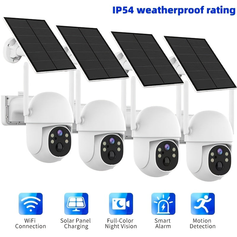 A Solar-Powered Security Camera Featuring AI Detection, Sound And Light Alerts, App-Controlled Pan/Tilt Functionality, Color Night Vision, Wi-Fi Connectivity, 3MP HD Resolution, Two-Way Audio, Encrypted Cloud Storage, Water Resistance