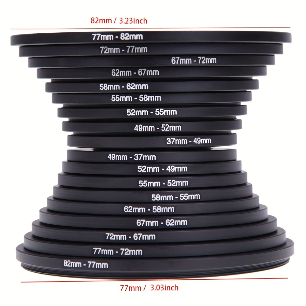 18pcs Set of Step-Up And Step-Down Lens Filter Adapter Rings for DSLR Camera Lenses, Ranging from 37Mm to 82Mm