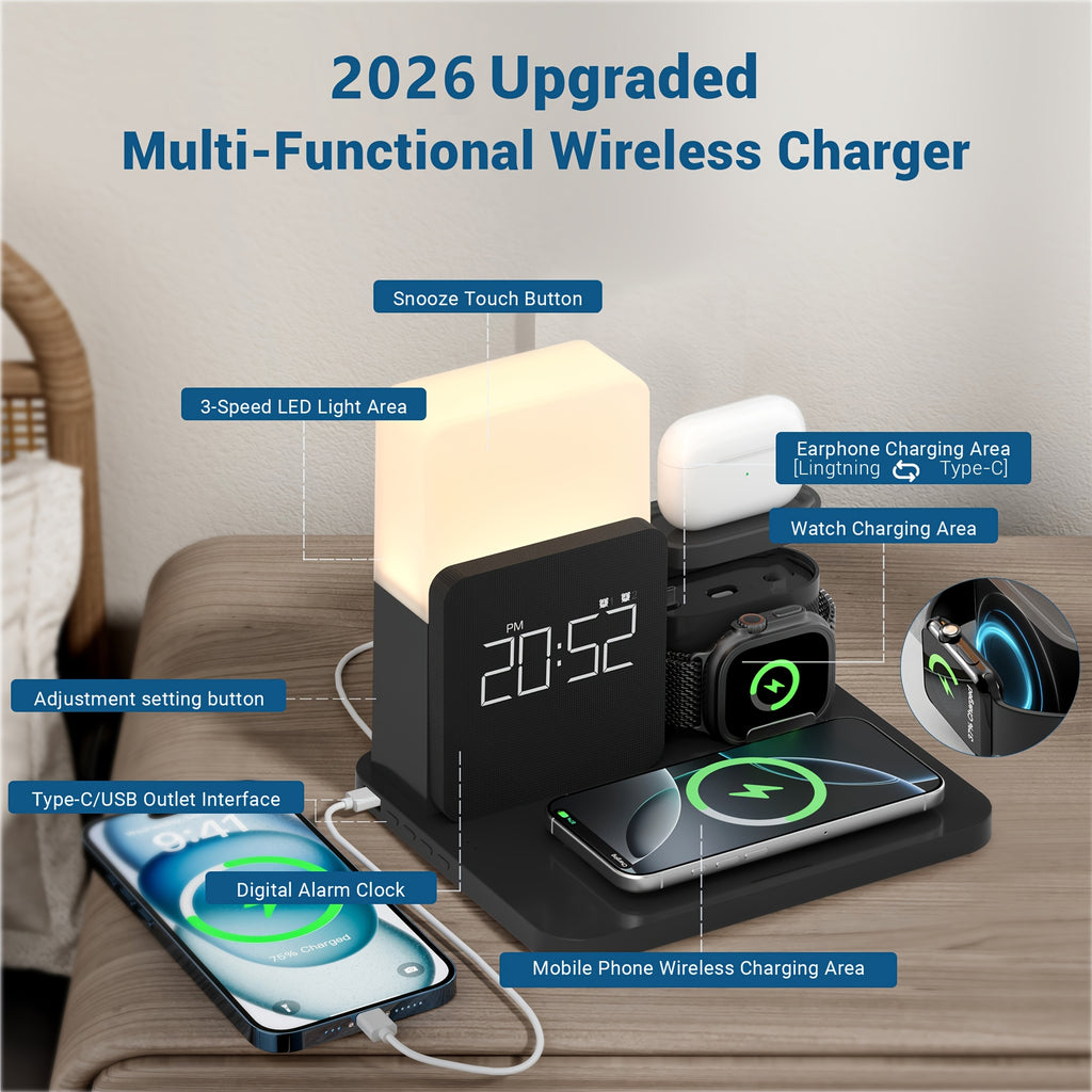 3-In-1 Wireless Charging Alarm Clock for Iphone 15 Wireless Charging Dock for Iphone 12-16 Samsung Bedroom 3 in 1 Charger Alarm Clock Portable Wireless Charging Station with Alarm Clock
