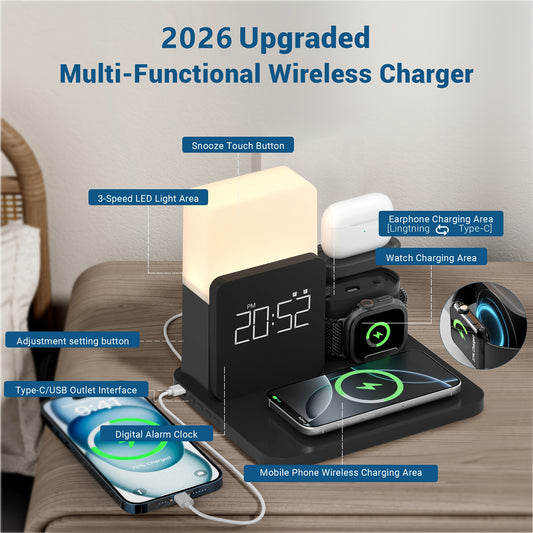 3-In-1 Wireless Charging Alarm Clock for Iphone 15 Wireless Charging Dock for Iphone 12-16 Samsung Bedroom 3 in 1 Charger Alarm Clock Portable Wireless Charging Station with Alarm Clock