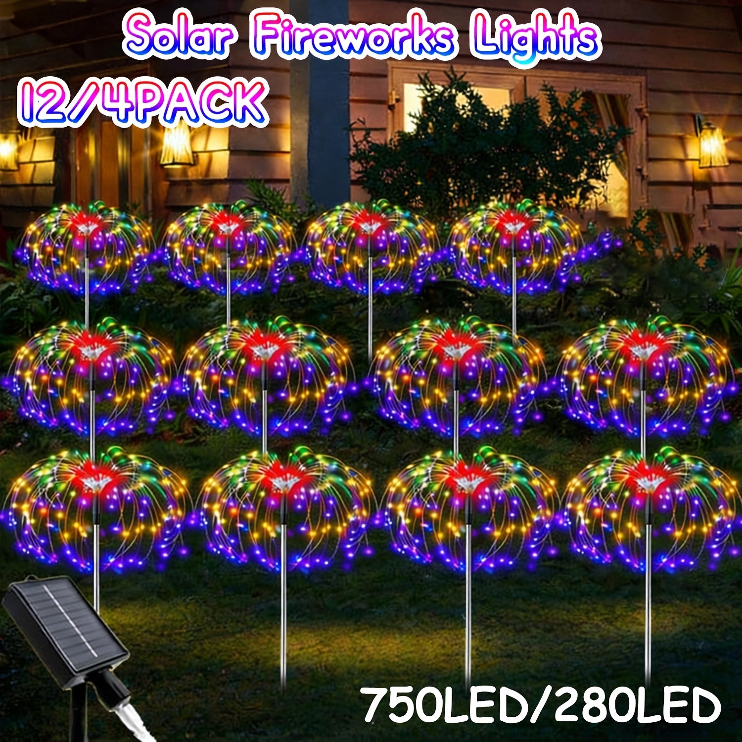 12Pack4PAack Solar Garden Decor Outdoor Lights, 8-Mode Solar Firework Lights, Christmas Outdoor Solar Garden Lights Fairy Firework Decor, Courtyard Pathway Solar Flower Pots Balcony Garden Decor