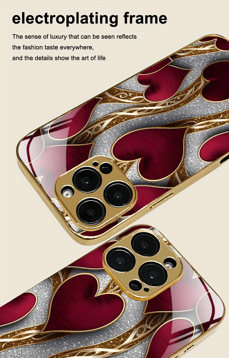 Phone Case - Mobile Cover: Luxurious Red And Golden Heart Design, Stylish And Innovative Look, Chic Instagram Aesthetic, Lightweight, Cutting-Edge, Compatible with for Iphone 16, 15 Pro, 15 Pro Max, 14 Plus, 13, 12