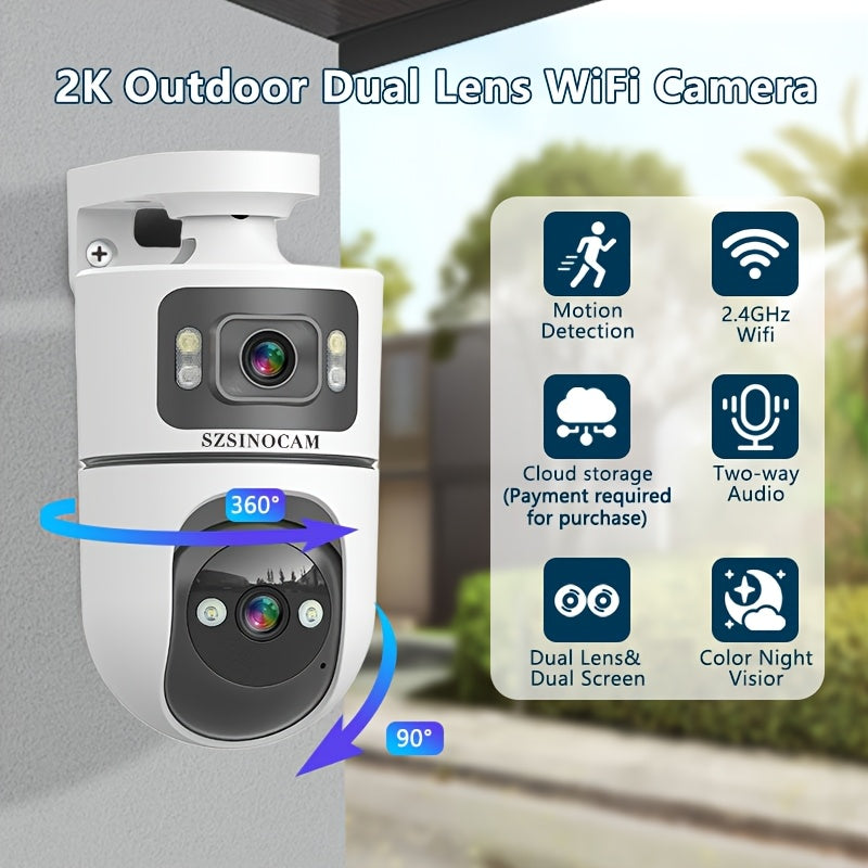 IP66 Dual Lens Wireless IP Camera, PTZ Outdoor Security Cam with 2.4G WiFi, Dual Screen, Auto Tracking, Night Vision, Two-way Audio, Motion Detection for Home Street Safety And Monitor