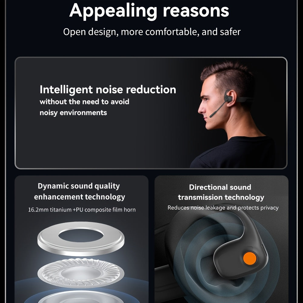 Open-air Conduction Earphones with Dual Microphones, Wireless Earphones with ENC Noise-canceling Microphones for Calls, Work, Driving, Online Meetings, Outdoor Cycling, 10-hour Playback Time, Business Earphones
