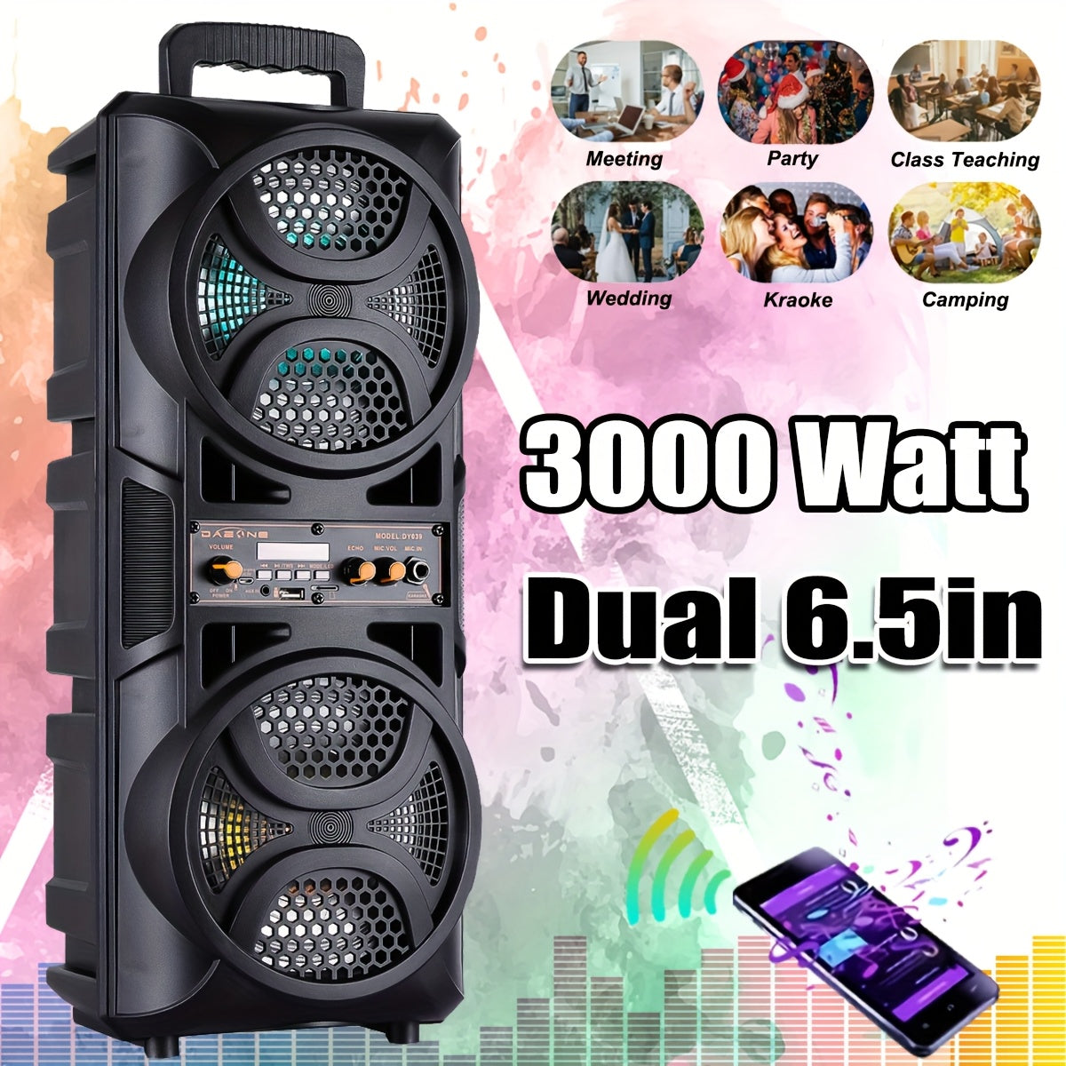 [Portable Wireless Speaker] Portable Wireless PA Speaker System with Dual 6.5" Subwoofer - Powerful Bass Sound with TWS Function, AUX, USB, FM, Wired Microphone Inputs, LED Light, Remote Control, for Outdoor Party, Karaoke, And Other Outdoor Activities